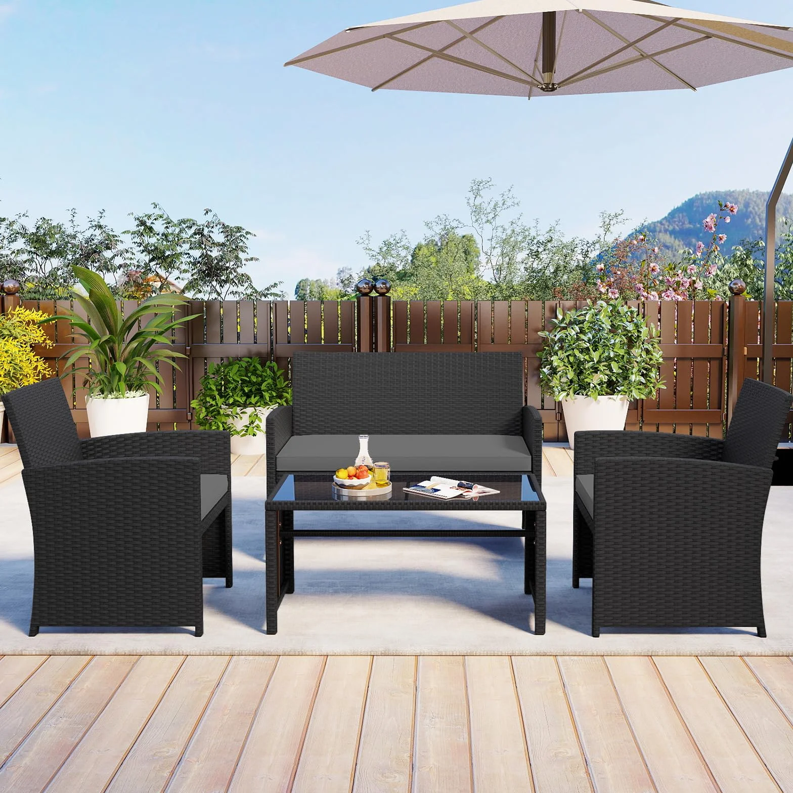 COSTWAY Set Salotto da Giardino 4 Pezzi, Divanetto e Poltrone in Rattan con Tavolino da Caffè in Vetro Temperato, Grigio