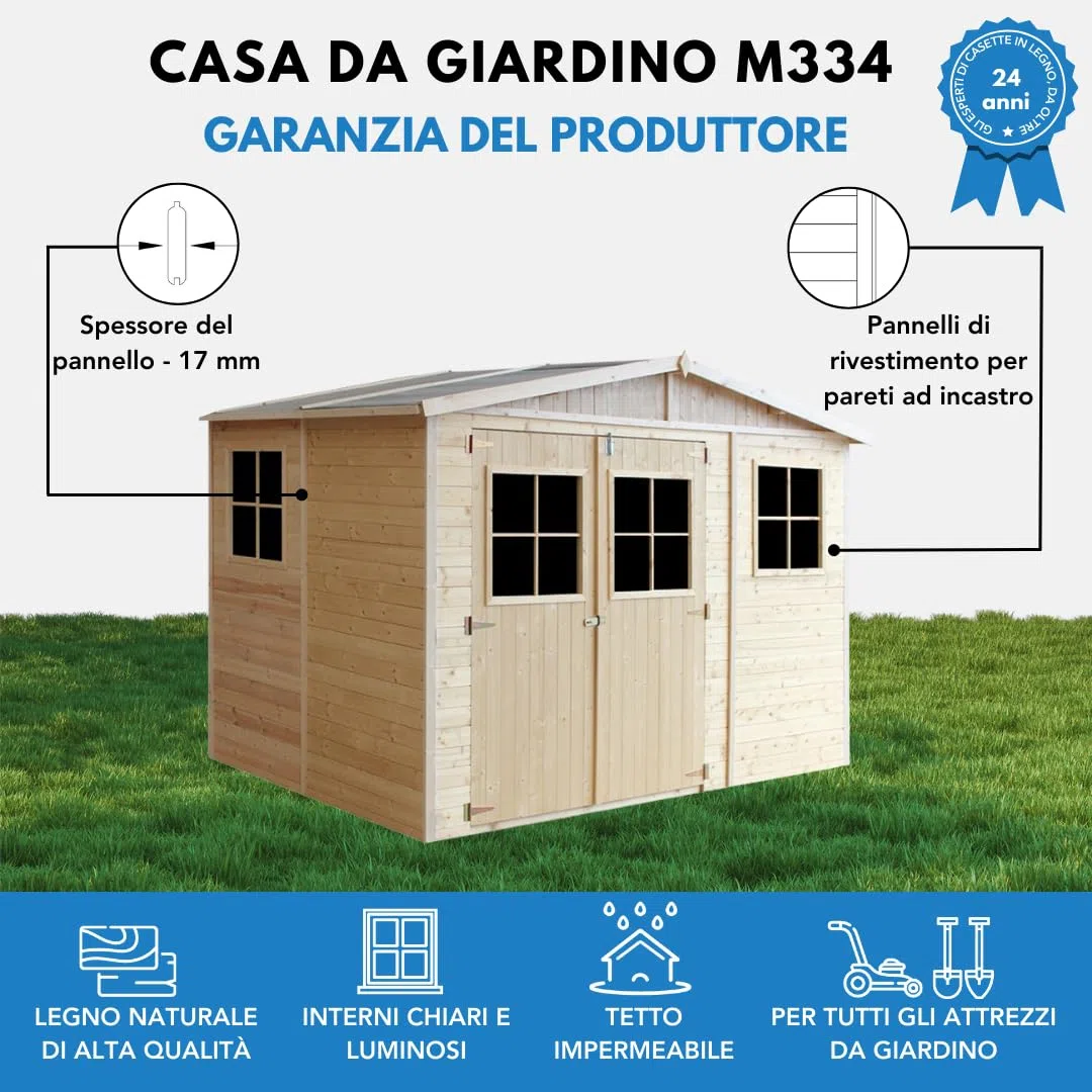 Casa da giardino in legno naturale CON PAVIMENTO IMPREGNATO A226x216x324 cm/6 m²- Magazzino esterno con finestre - Capanno da giardino - Bici, Deposito attrezzi e rimessa TIMBELA M334+M334G