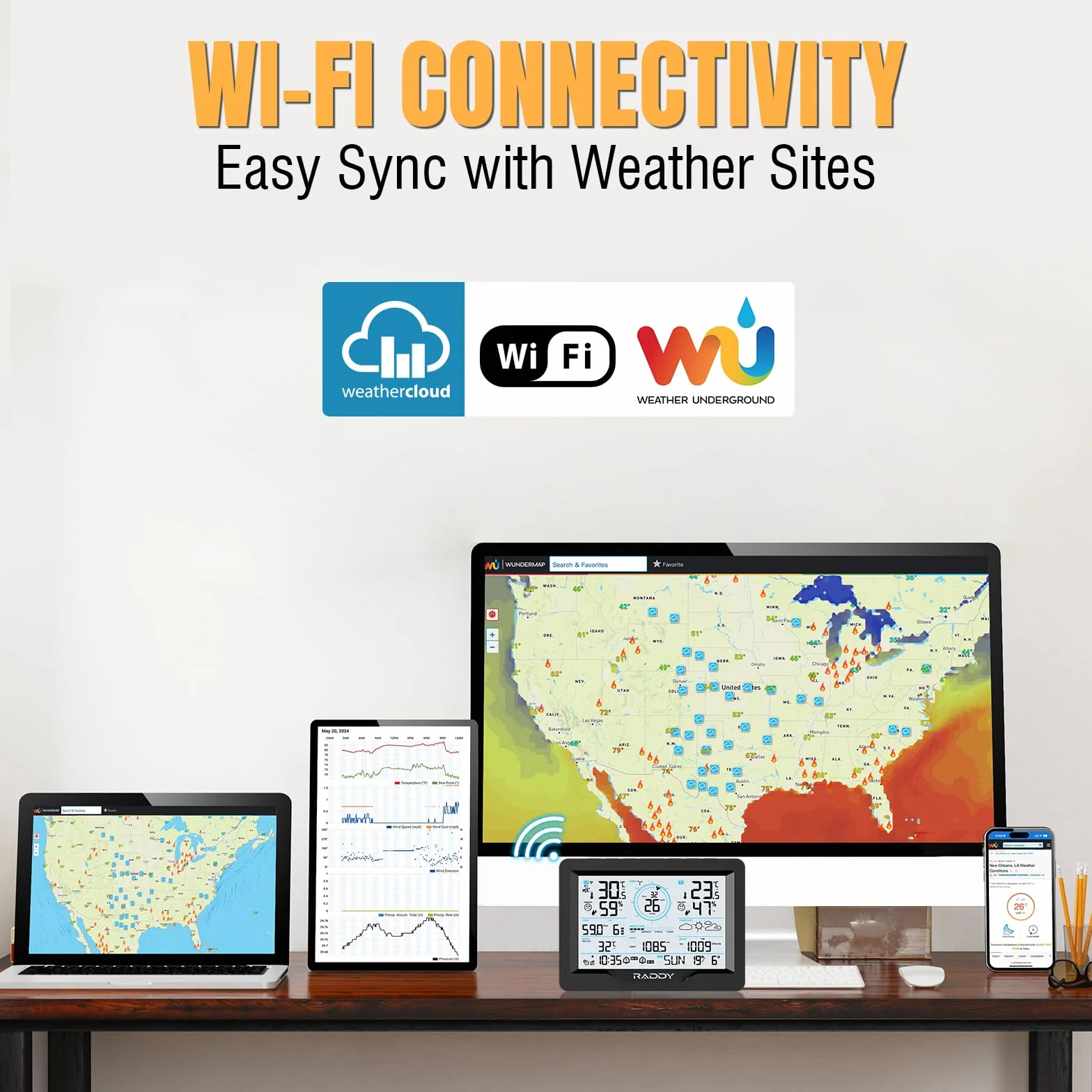Raddy MN6 Stazione Meteo WiFi, Stazione Meteorologica Wireless 15 in 1 per Interno ed Esterno, Monitor Temperatura e Umidità con Pressione Atmosferica, Pluviometro, Vento, UV, Previsioni Meteo