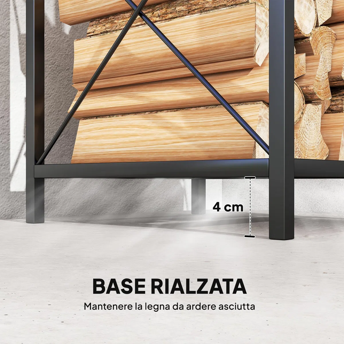Outsunny Portalegna da Interno Rialzato a 2 Livelli, Legnaia in Metallo 60 kg, 34x30x80 cm, Nero