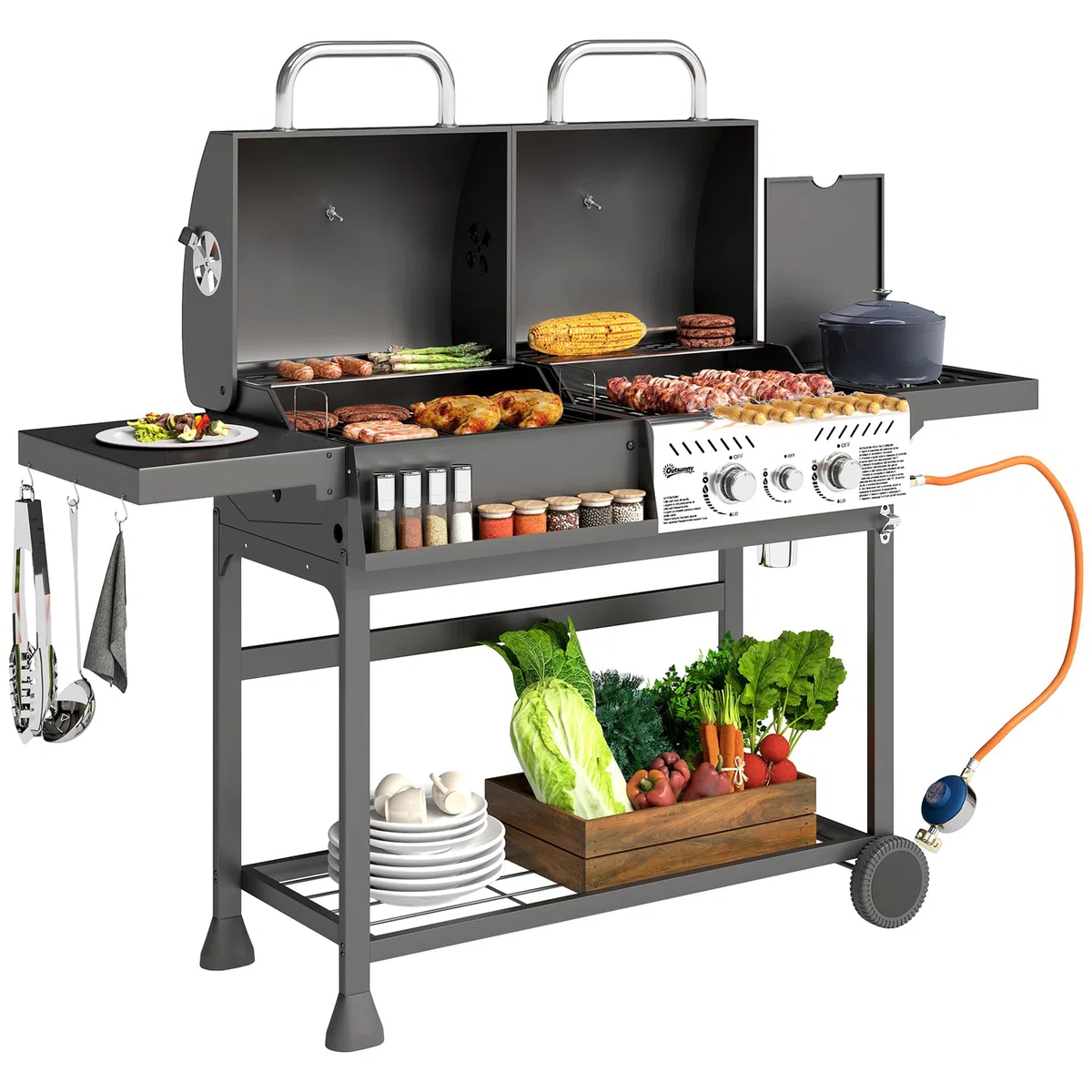 Outsunny Barbecue a Carbone e Gas in Acciaio, BBQ 2+1 Bruciatori 7kW con Coperchio, Termometro, Ruote, Nero