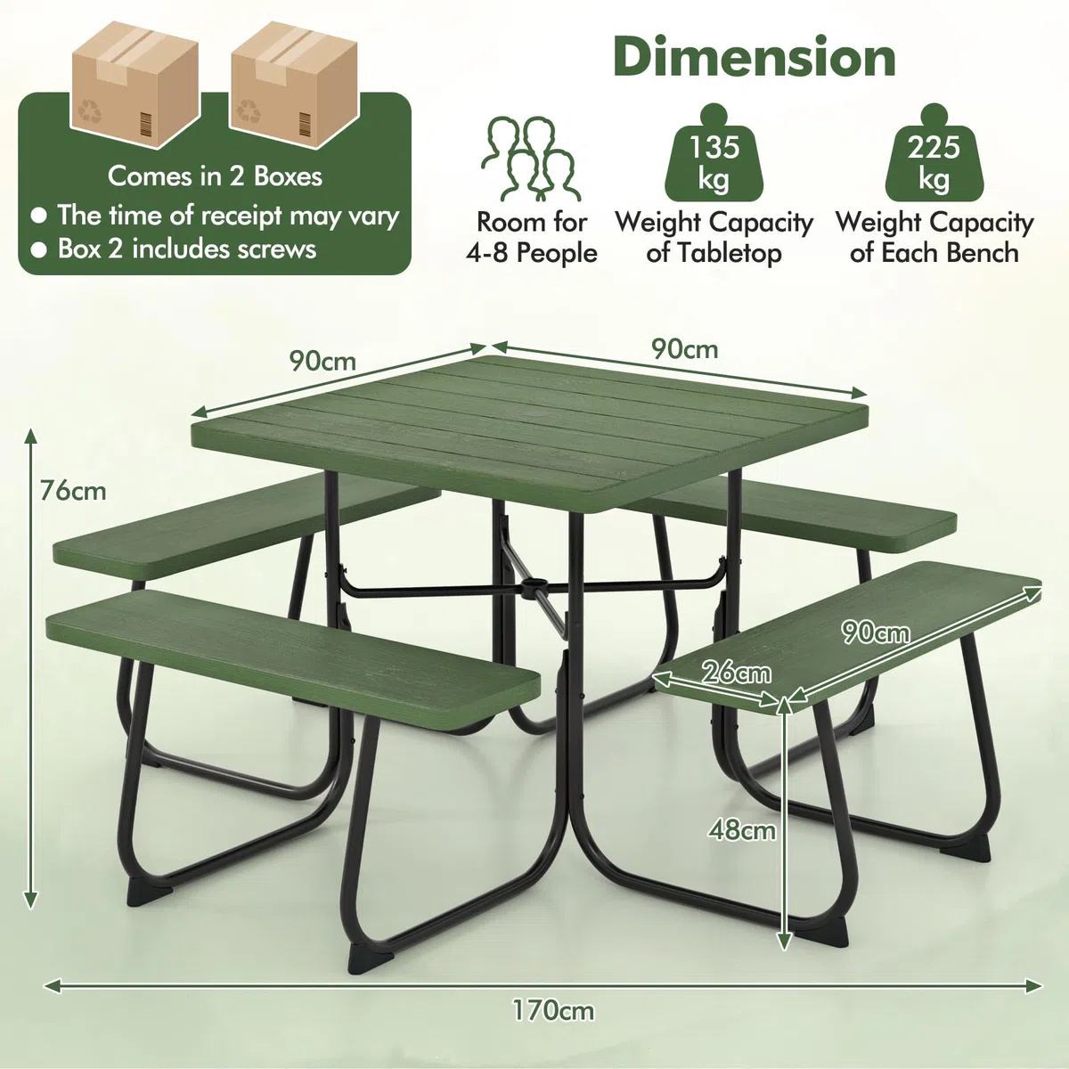 KOMFOTTEU Set Tenda da Birra, Tavolo con 4 Panche da Birra per 8 Persone, Set di Mobili da Giardino con Foro per Ombrellone, Set Tendone da Campeggio in HDPE, Telaio in Metallo (Verde)