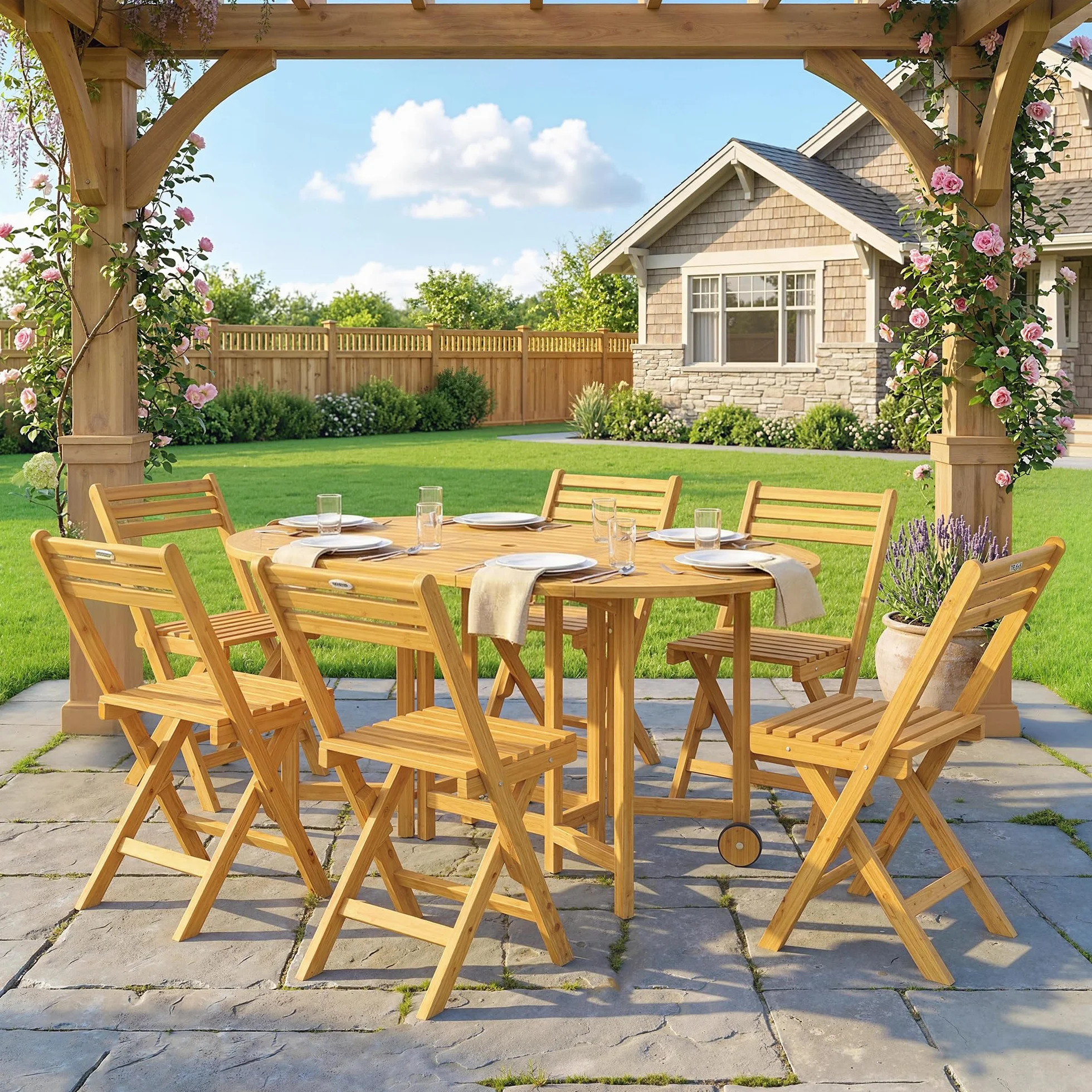 Outsunny Set Tavolo e Sedie da Giardino 7 Pezzi in Legno Acacia Pieghevole con Foro Ombrellone Ruote