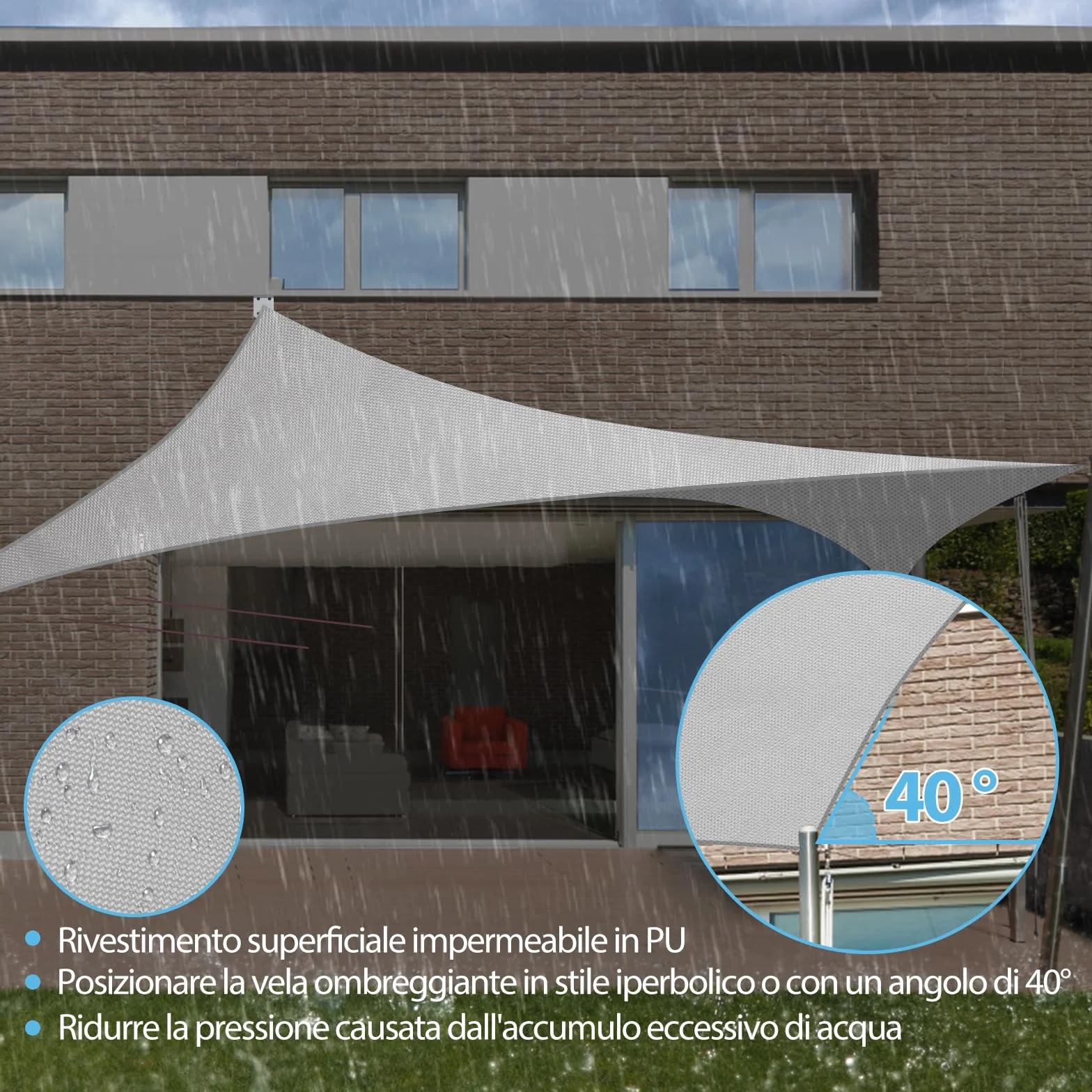 Tenda a Vela Ombreggiante 4x5m Impermeabile Anti-UV Rettangolare, Vela Parasole in Tessuto Oxford 420D Alta Densità, Telo per Esterno, Giardino, Balcone, Terrazzo, Corde Incluse