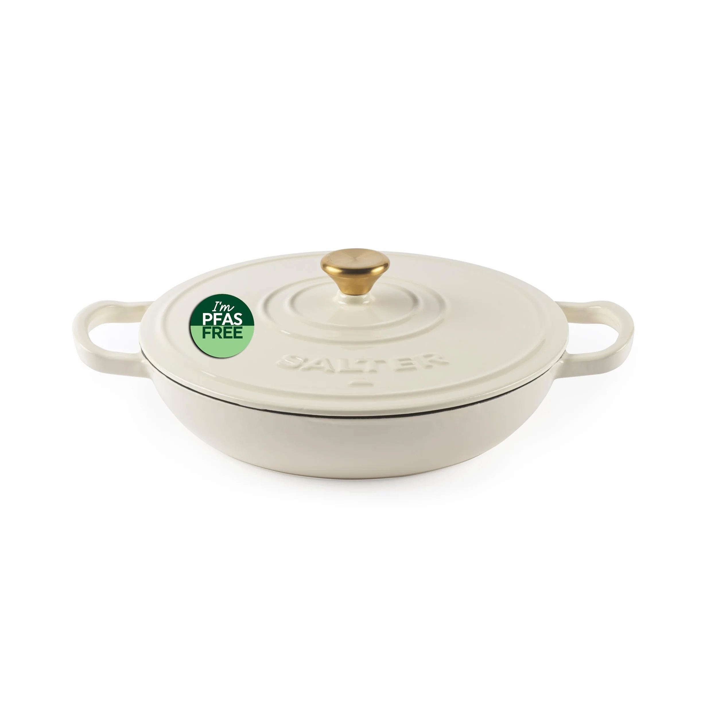 Salter Casseruola a Bassa Altezza in Ghisa Chester – Crema, 30 CM, Coperchio Auto-Irrorante, Forno Olandese, Cucina da Piano di Cottura a Forno, Adatta per Tutti i Tipi di Piano cottura 2.8L
