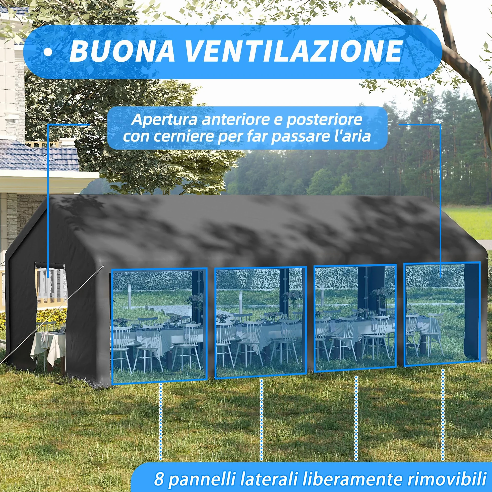 Outsunny Garage Auto Esterno 8x4m Porte Cerniera Tettoia Pannelli Removibili Telaio Acciaio Grigio Scuro