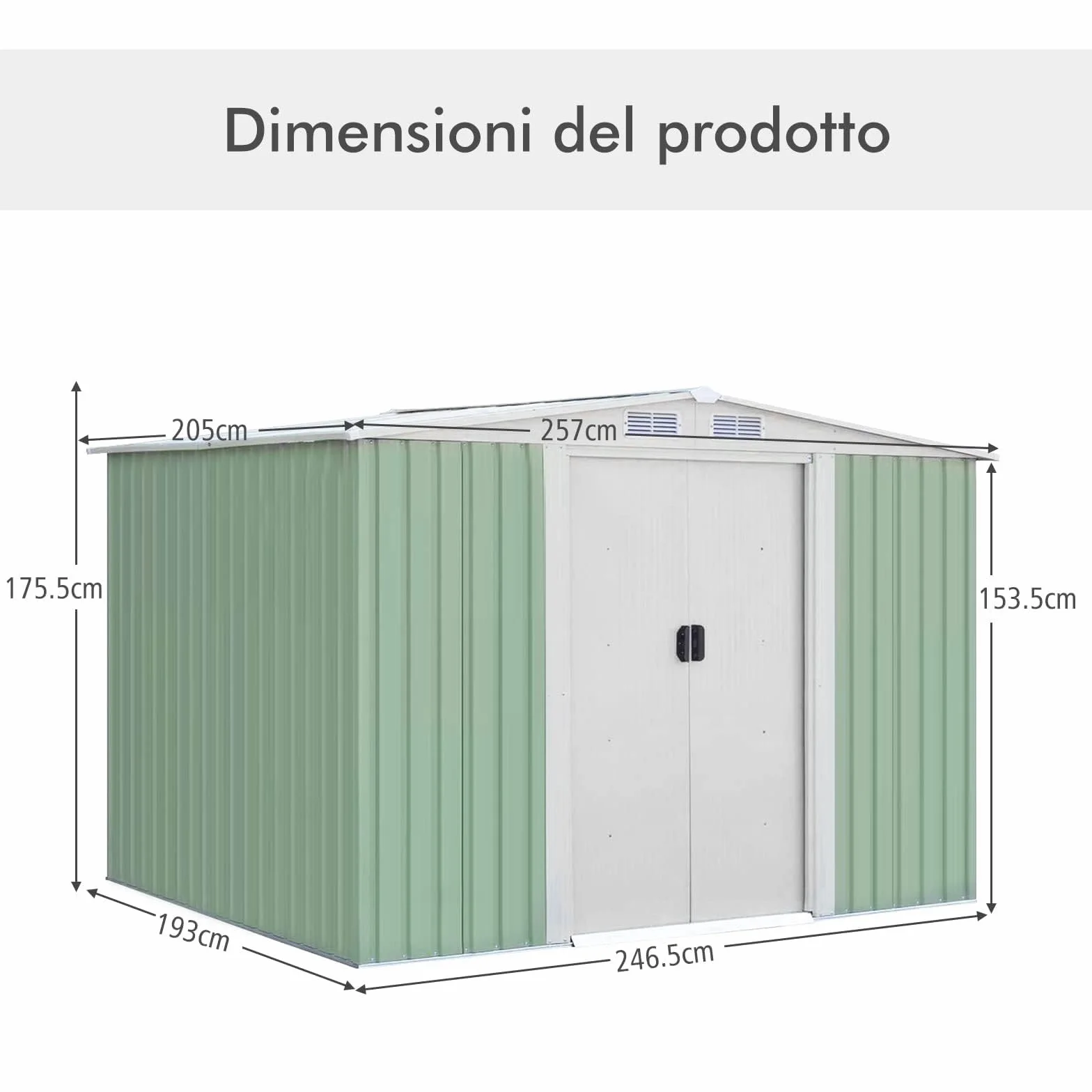 RELAX4LIFE Casetta da Giardino 5.26 m² 9.246 m³, 257x205x175,5 cm, in Lamiera d'Acciaio con 2 Porte Scorrevoli e 4 Sfoghi, Tetto Inclinato, per Porta Attrezzi, Tosaerba