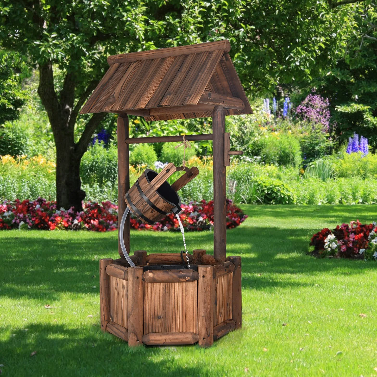 COSTWAY Pozzo da Giardino, Pozzo Decorativo con Pompa Elettrica, in Legno d'Abete, 58,5 x 51 x 117 cm, Marrone (Modello 2)