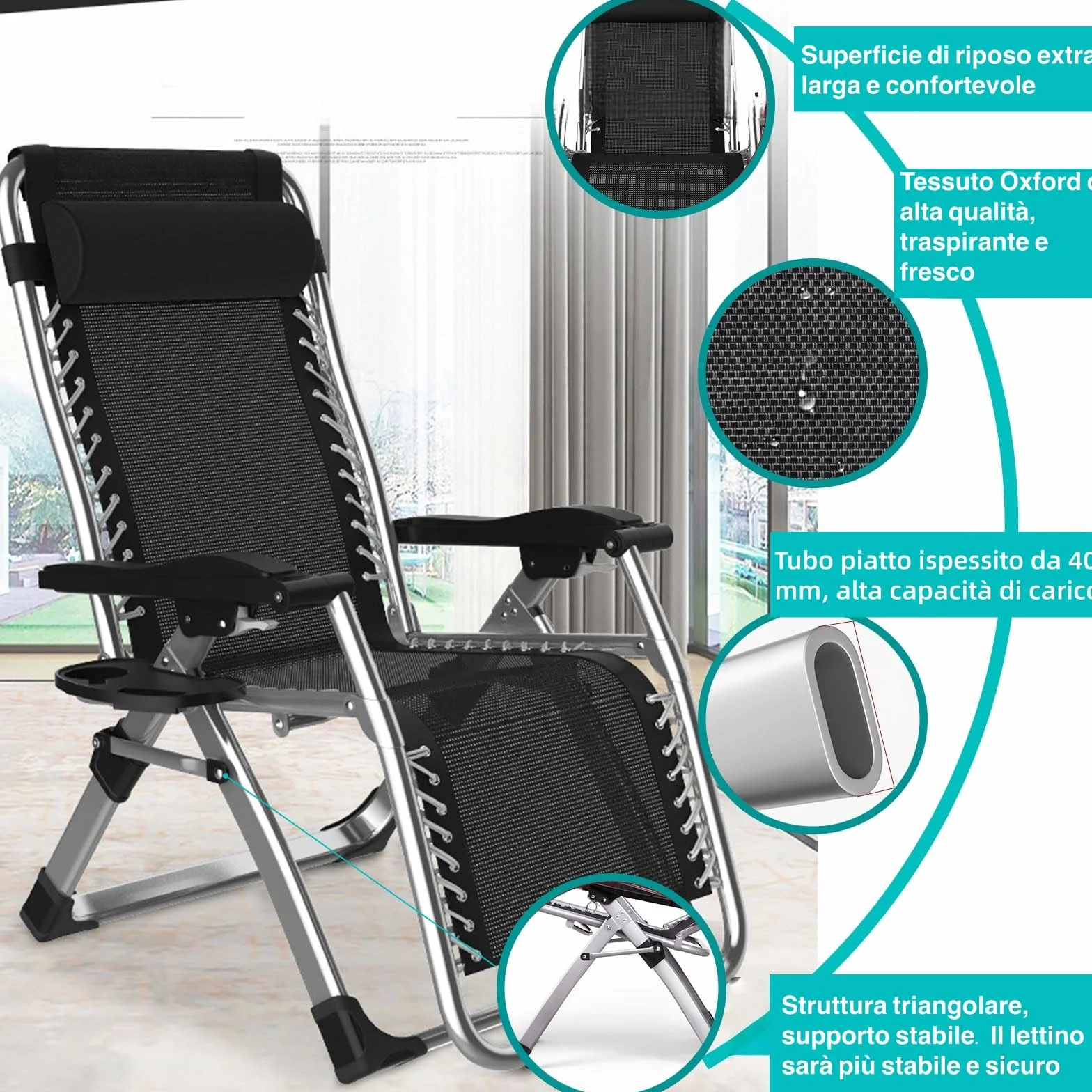 Sedia Sdraio Pieghevole Esterno 65cm con Portabicchieri e Copertina, Traspirante Leggero, Alluminio Tubo 40mm Portata 240KG, Sdraio Imbottita Giardino Reclinabile per Terrazzo, Piscina, Mare, Balcone