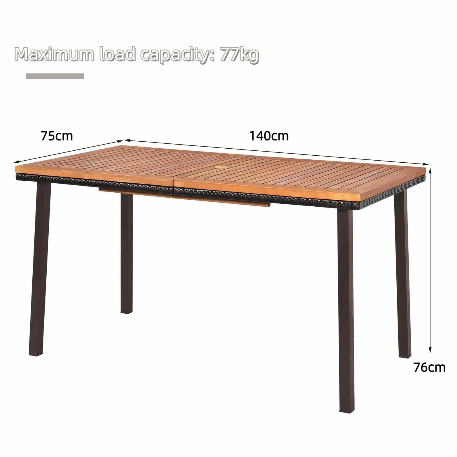 KOMFOTTEU Tavolo da Giardino Rettangolare con Foro per Ombrellone, Tavolo da Esterno in Legno di Acacia, Tavolo da Pranzo con Gambe in Metallo per 6-8 Persone, 140 x 75 x 76 cm
