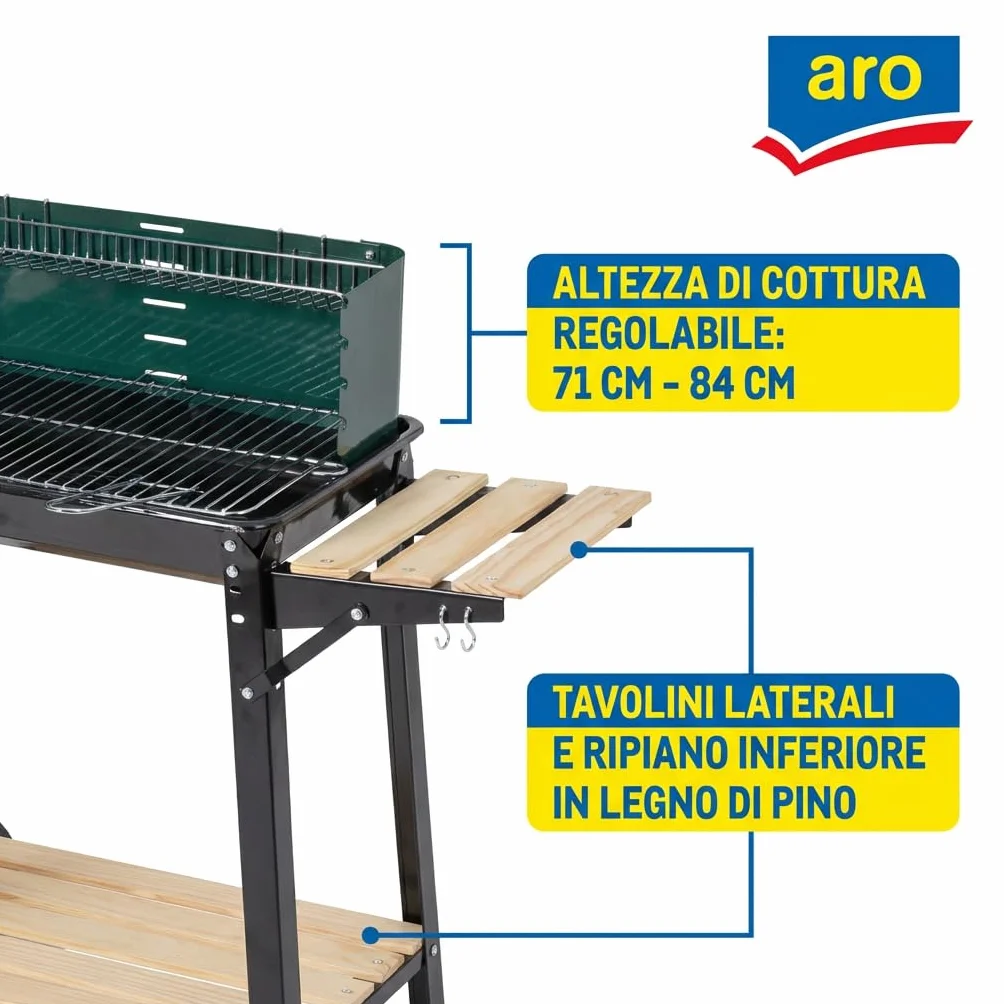 Aro Barbecue a Carbonella in Acciaio e Legno, 2 Griglie Regolabili, Tavolini Laterali, Ruote, Paravento, Verde