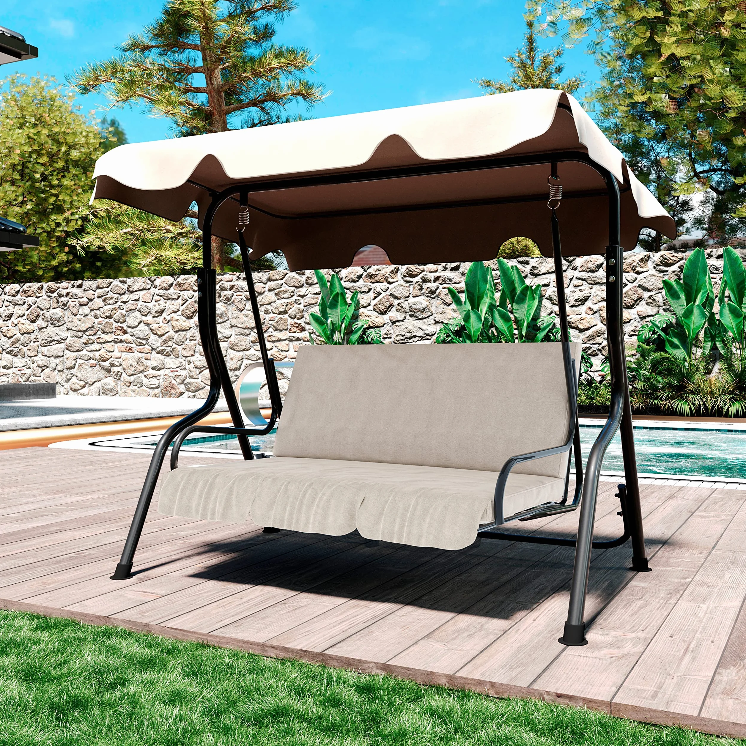 Arreditaly Dondolo 3 Posti Con Tettuccio Parasole Regolabile Cuscini Imbottiti Struttura Robusta In Acciaio Verniciato Da Esterno Giardino Balcone Terrazzo Piscina 170 x 110 x 153 Cm (Beige)