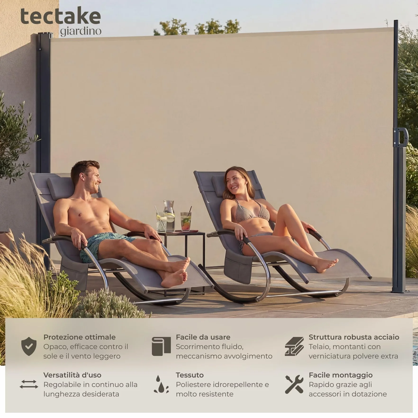 Tectake Tenda Laterale Avvolgibile Estensibile 300 x 200 cm Paravento Esterno Acciaio Beige