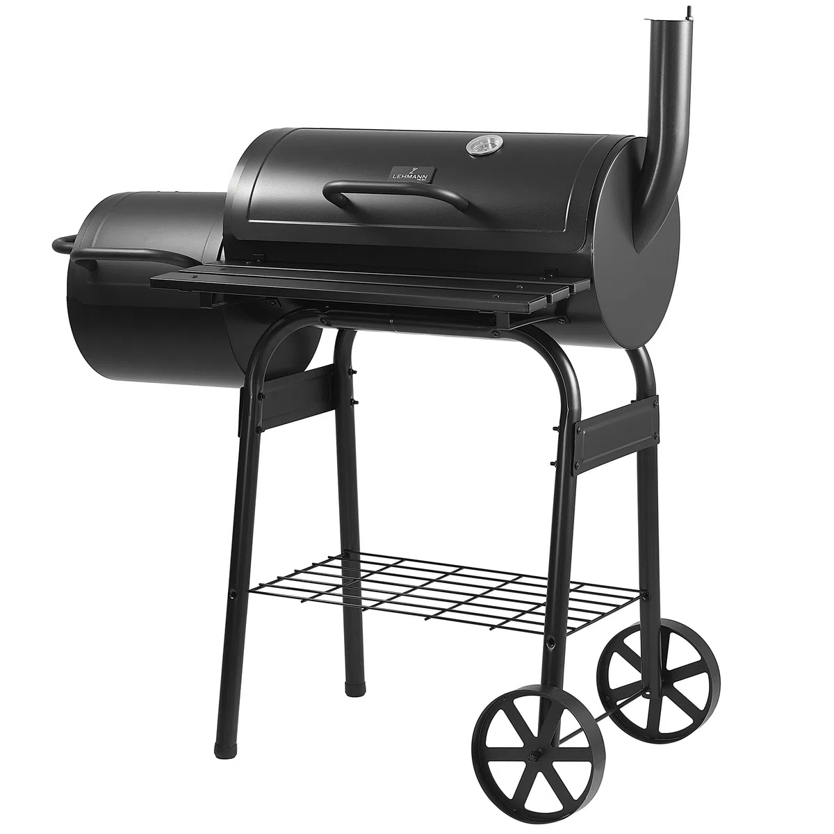 LEHMANN Barbecue a Carbonella e Affumicatore 2 in 1, BBQ Griglia di Cottura XXL, Coperchio con Termometro e Maniglia Antiscottatura, 2 Ruote, Tavolini Laterali Pieghevoli & Ripiano Inferiore, Nero