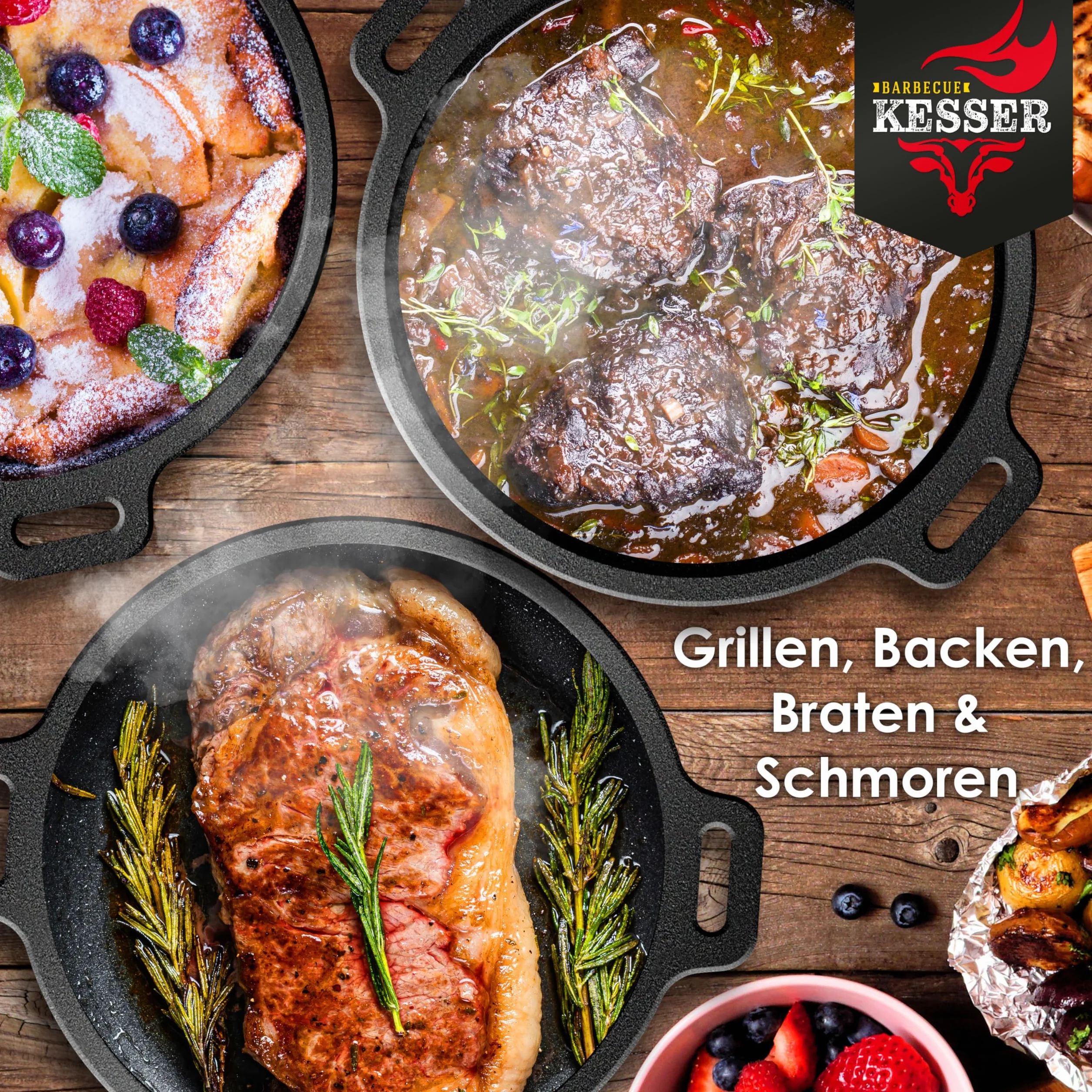 KESSER® Set forno olandese, Casseruola per barbecue, pentola in ghisa con manico per sollevare il coperchio e fessura per termometro, per barbecue, pentola per gulasch, uso esterno e interno
