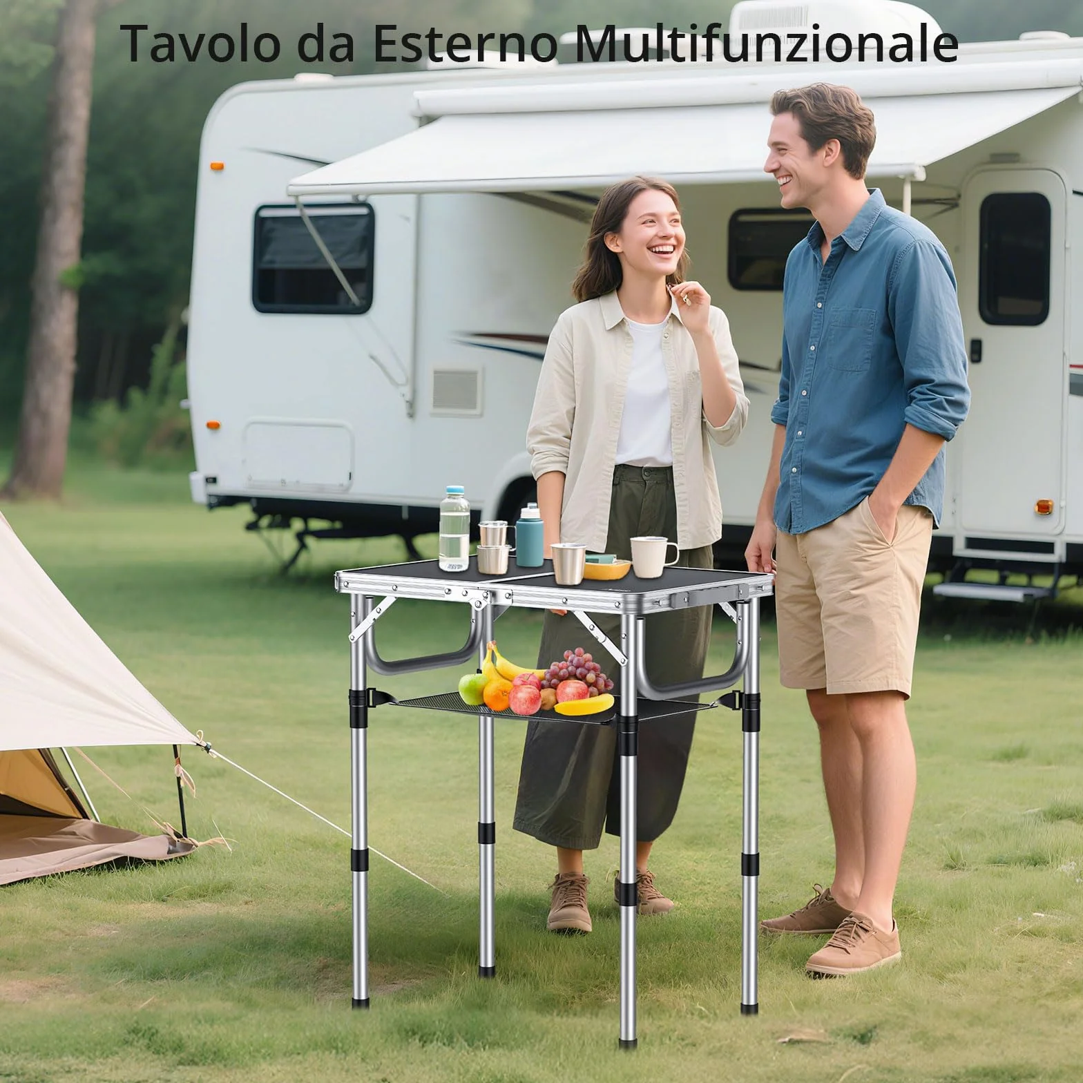 Anbte Tavolo da Campeggio Pieghevole Regolabile in Alluminio Portatile 3 Altezze con Rete di Stoccaggio Nero