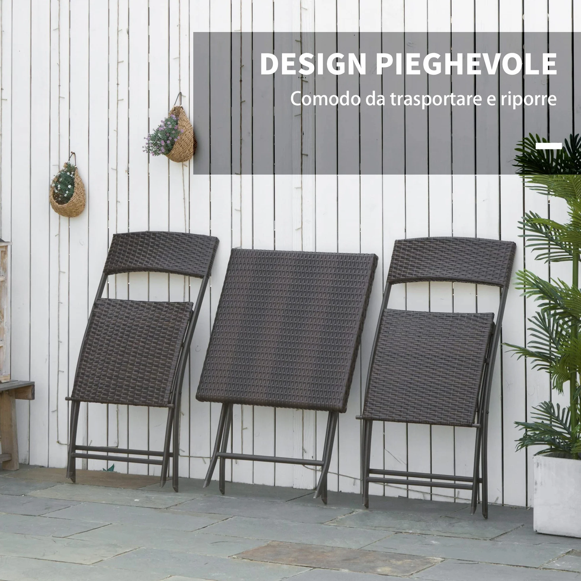 Outsunny Set da Giardino Pieghevole 3 Pezzi Rattan PE Metallo, 2 Sedie e Tavolino da Caffè, Protezione UV, Nero