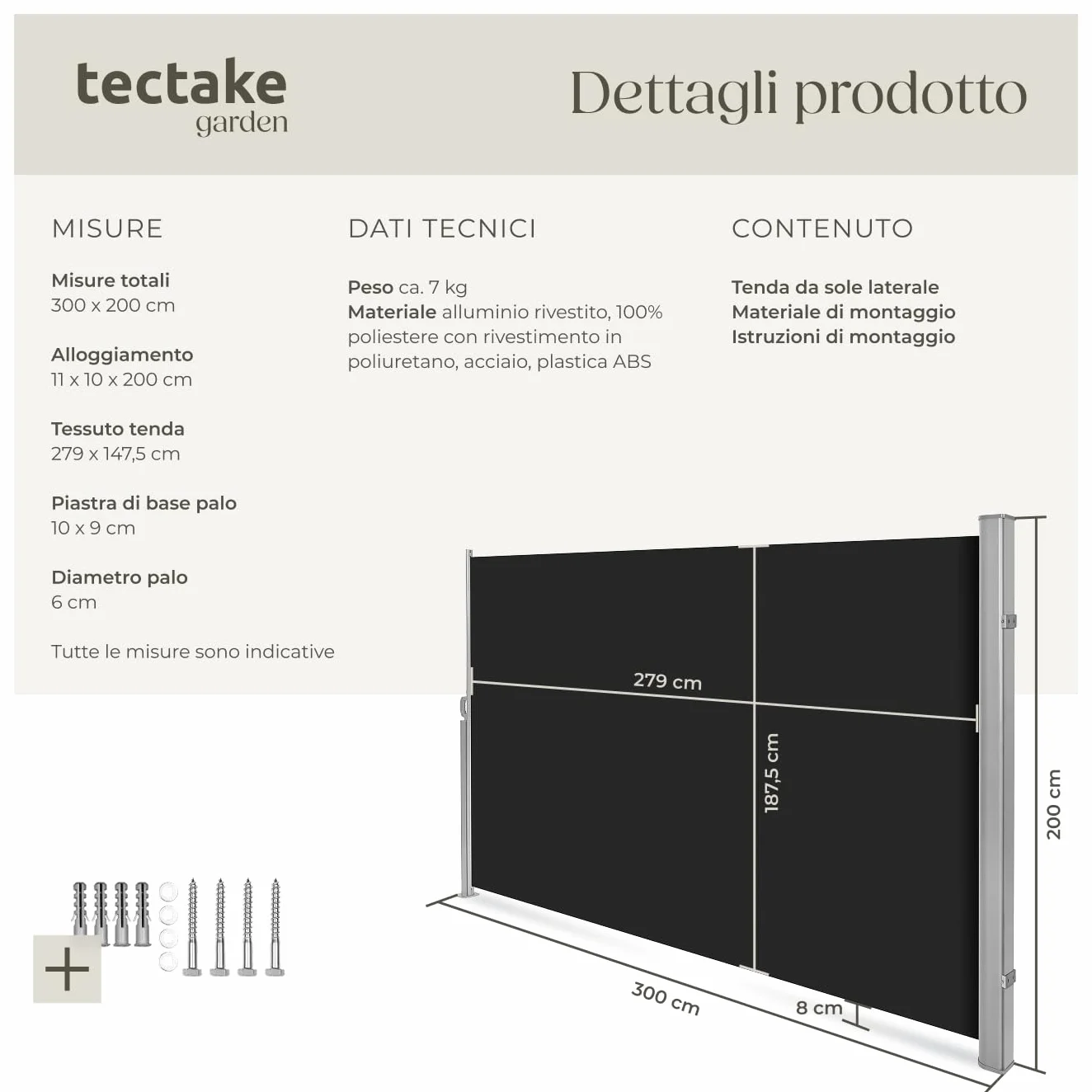 Tenda Frangivento a Scorrimento Paravento Estraibile Esterno 200x300 cm Nero