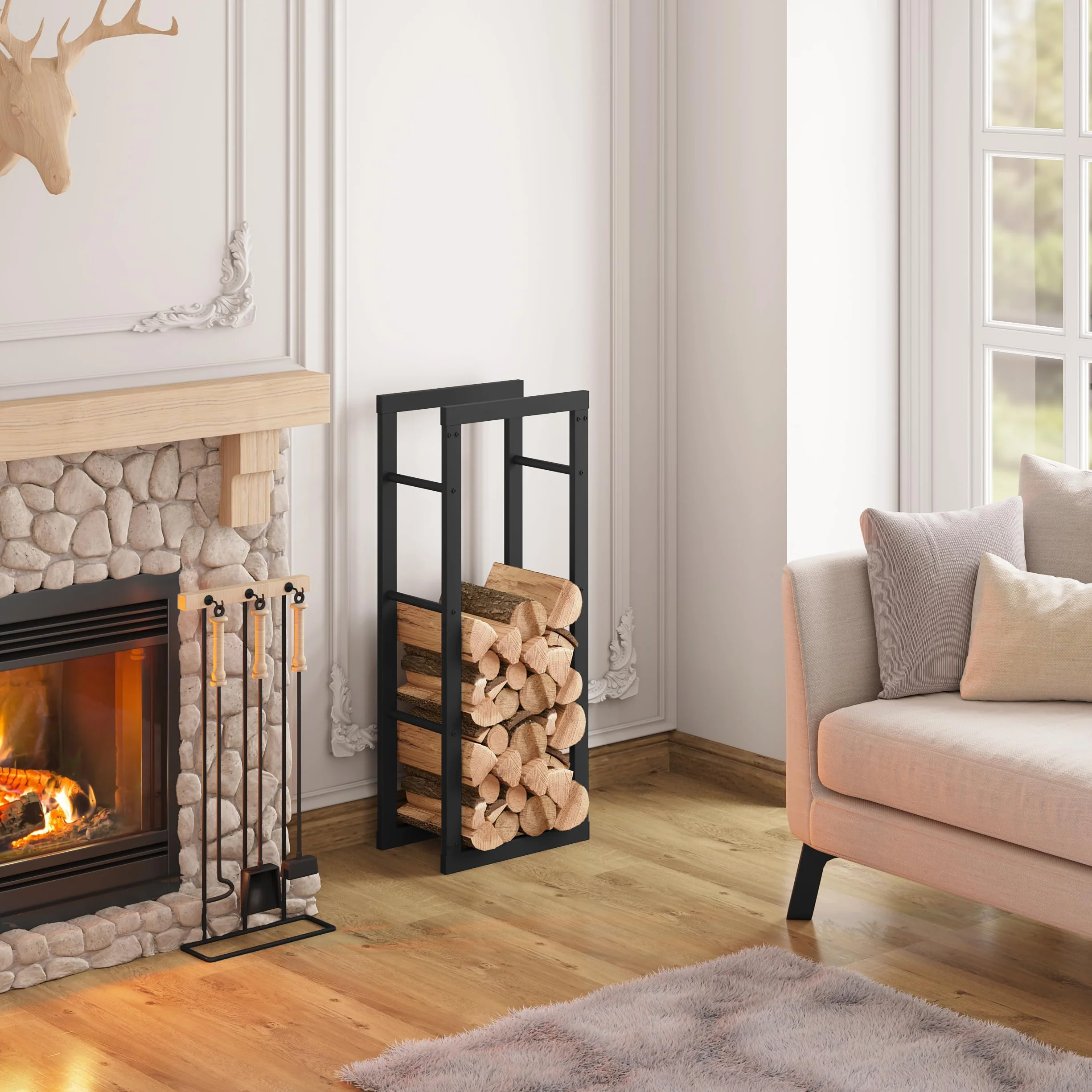 Laneetal Portalegna da Interno 40x25x100 cm Metalowy Stojak na Drewno Kominkowe Czarny