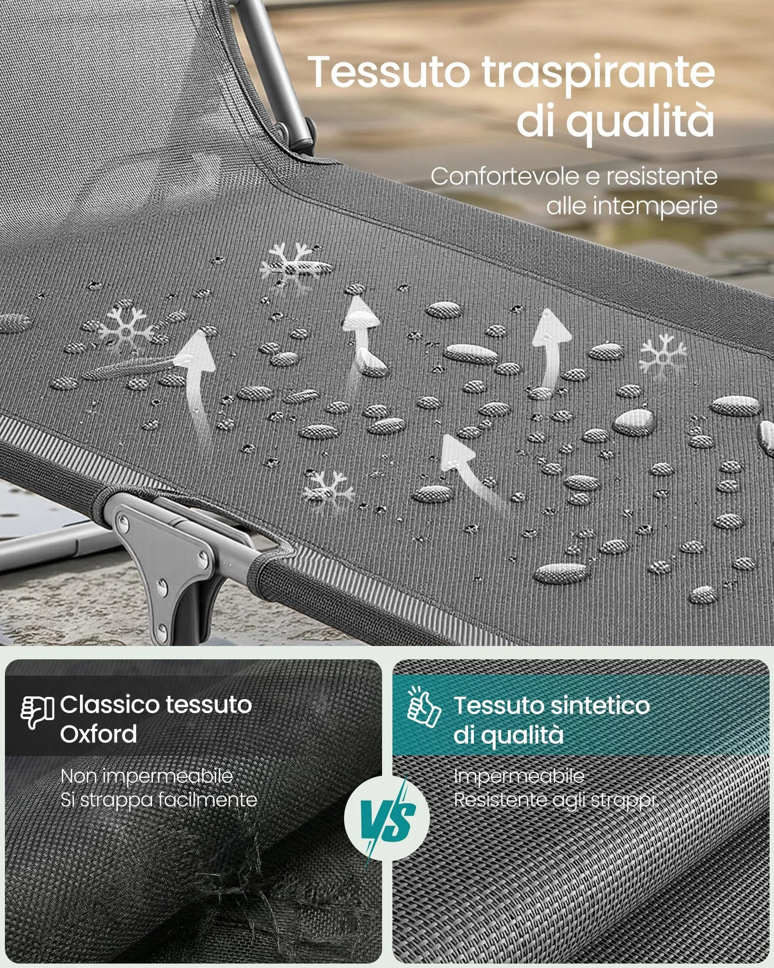 SONGMICS Sedie a Sdraio Pieghevoli, 189 x 53 x 28,5 cm, Lettini Prendisole, Portata 110 kg Ciascuno, Parasole e Schienale Regolabili, per Terrazza e Balcone, Set da 2, Grigio GCB294GZ02