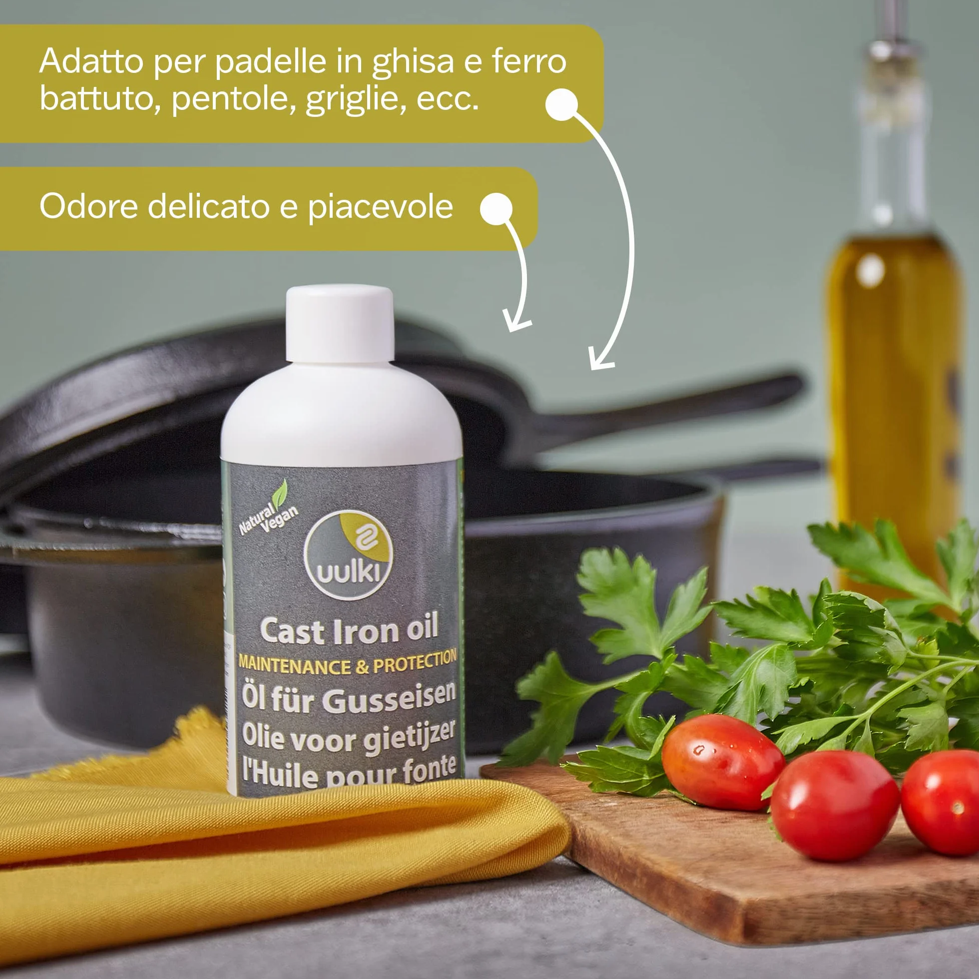 Uulki® Olio e Condizionatore per Ghisa - Per manutenzione di Pentole, Padelle, Griglie, Forni olandesi in ghisa - Protezione dalla Ruggine - 100% vegetale/Vegan ecologici (250ml)