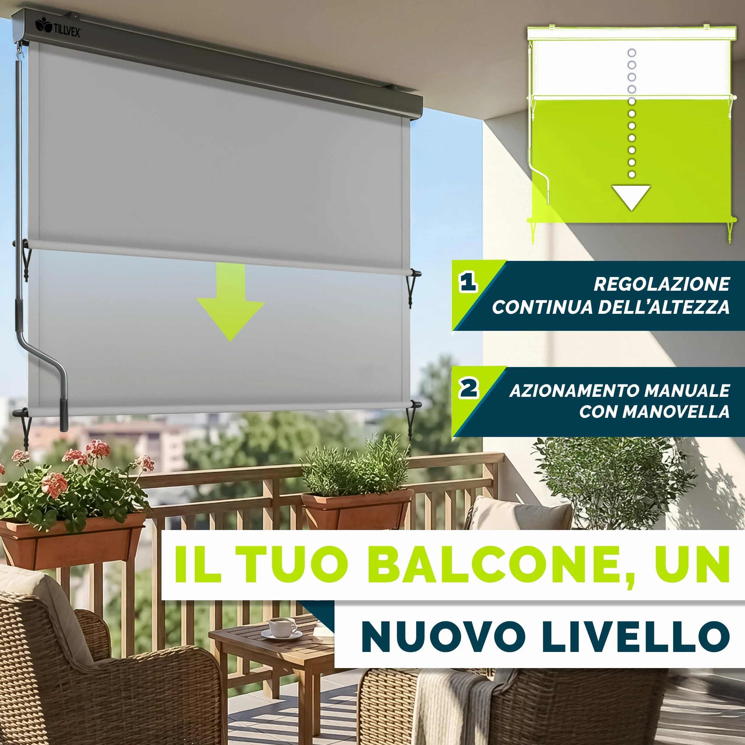 Tillvex Tenda da sole verticale 200 x 250 cm impermeabile con manovola in alluminio per balcone terrazza giardino