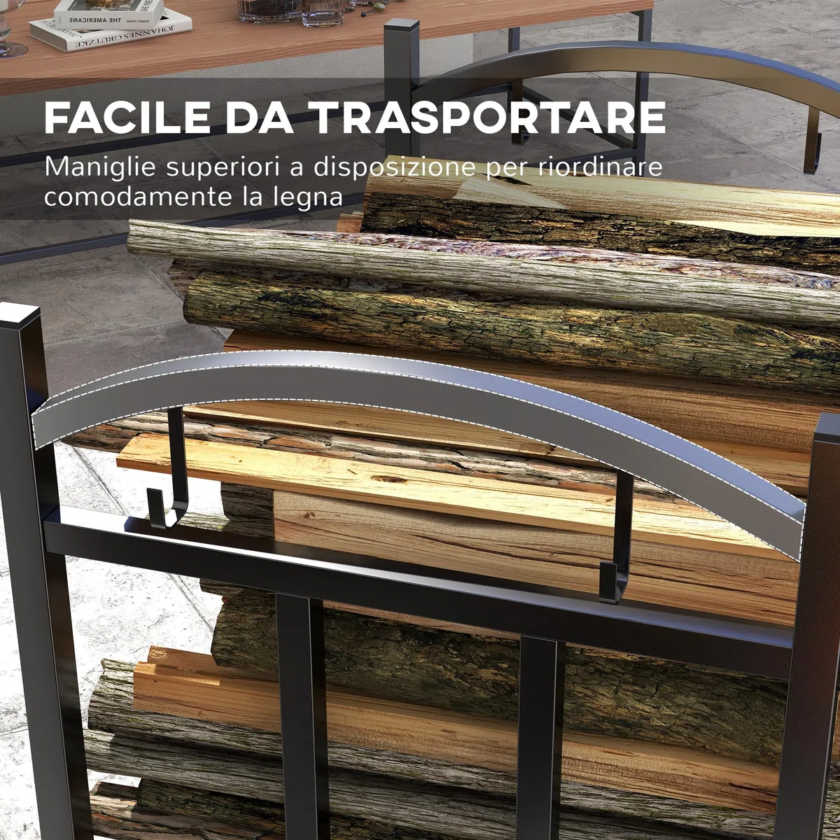 Outsunny Scaffale Portalegna 3 Livelli, Legnaia in Metallo con Ganci per Attrezzi, Nero