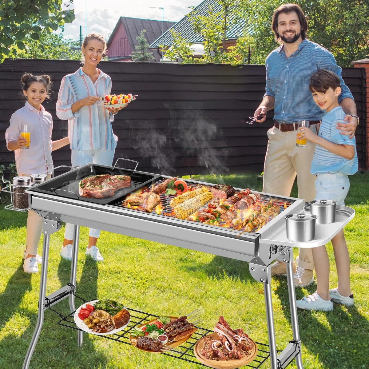 Barbecue a Carbonella XXL, Griglia a Carbone, Griglia Campeggio, Barbecue a Cabone Portatile Pieghevole in Acciaio Inossidabile con Padella Antiaderente, per Giardino Terrazza Picnic Campeggio