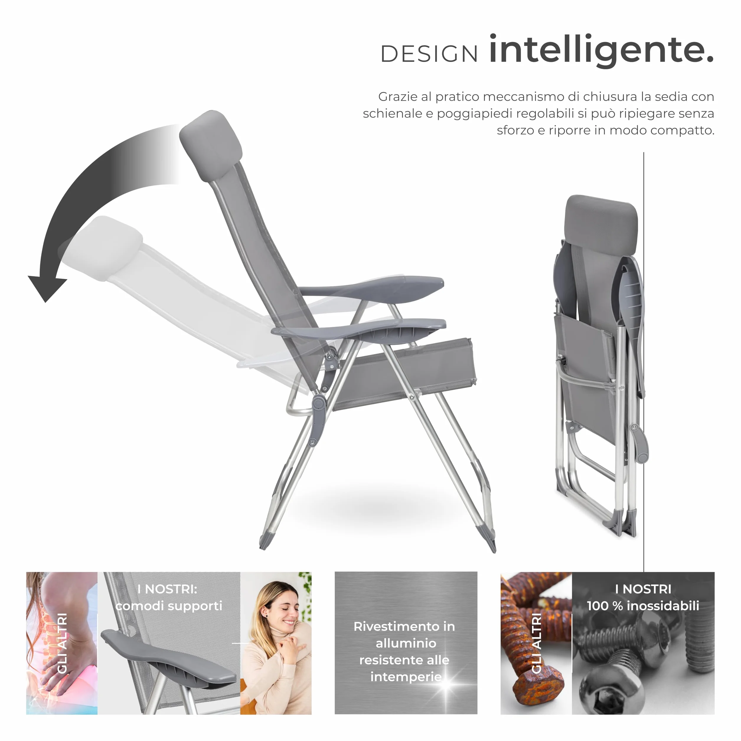 Tectake Set 4 Sedie da Giardino Pieghevoli con Braccioli, Rete Ventilazione, Schienale Regolabile 5 Posizioni, Grigio