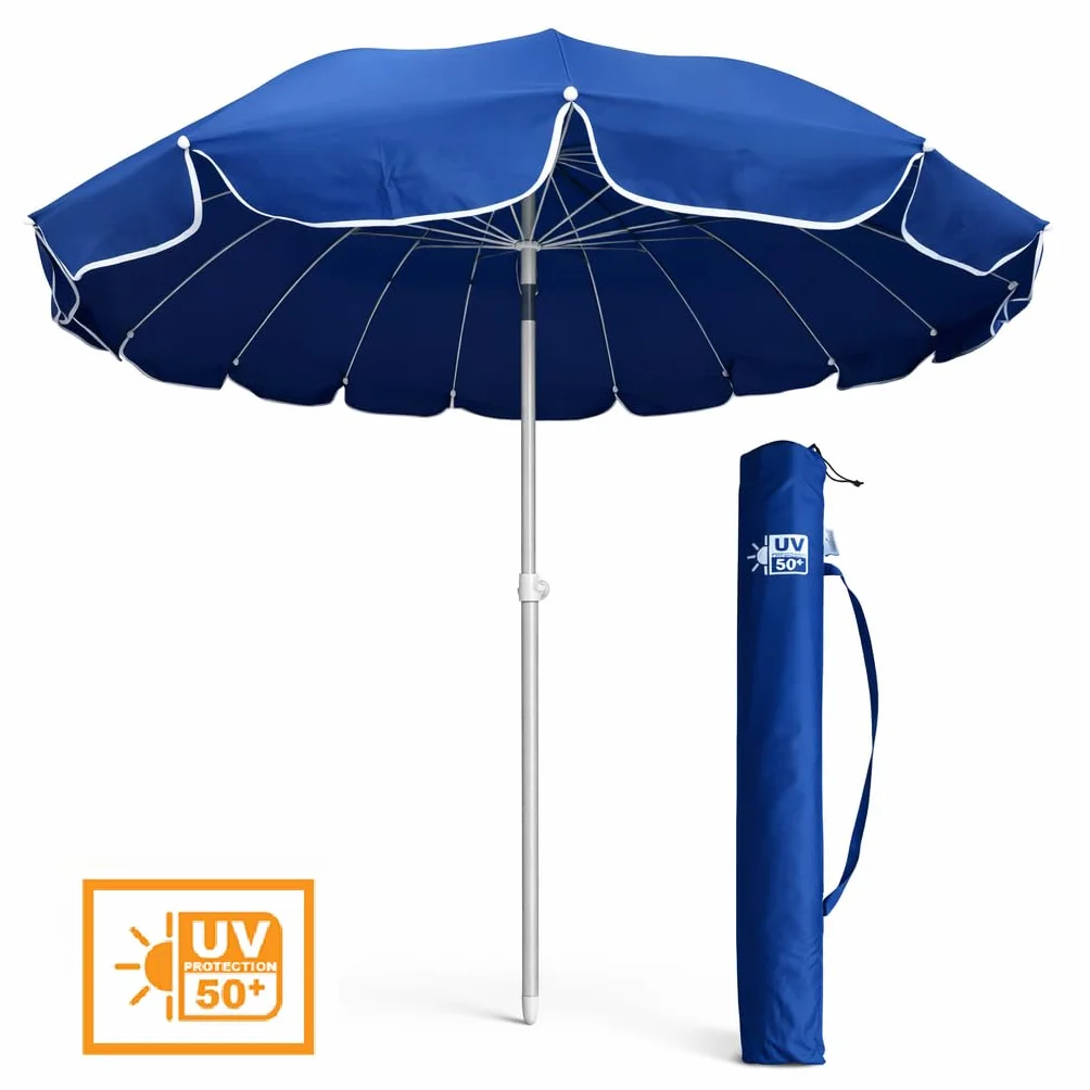 DANYX Ombrellone Mare 220 cm Antivento UV50+ 16 Stecche Fibra di Vetro Palo Alluminio Inclinabile Airvent