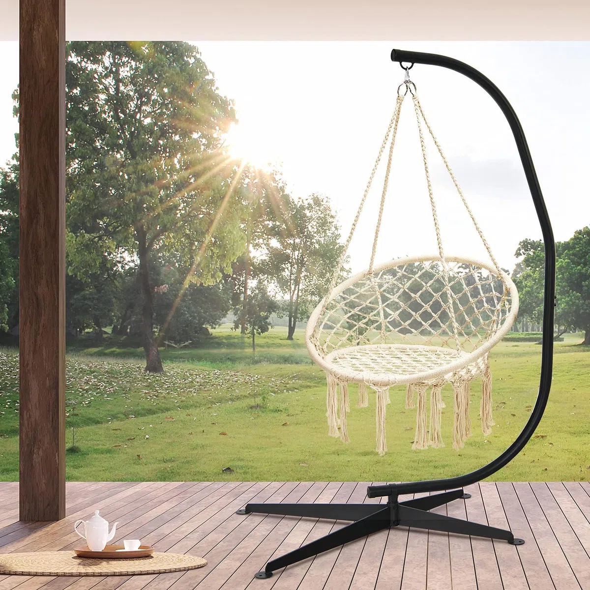 GYMAX Supporto Struttura per Sedia a Dondolo, Sostegno Metallico per Poltrona Sospesa, Portata di 150 kg, Telaio Ferro a Forma di C, Base Universale e Stabile, 111 x 84 x 207 cm