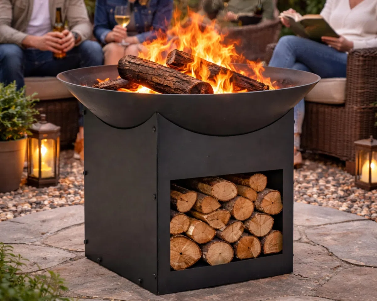 Braciere da Esterno Giardino con Porta Legna Terrazzo Cestino in Ferro per Legna Ciotola per Fuoco Braciere Rotondo Diametro 57 cm Altezza 41 cm Colore Nero Mod. Brisbanne