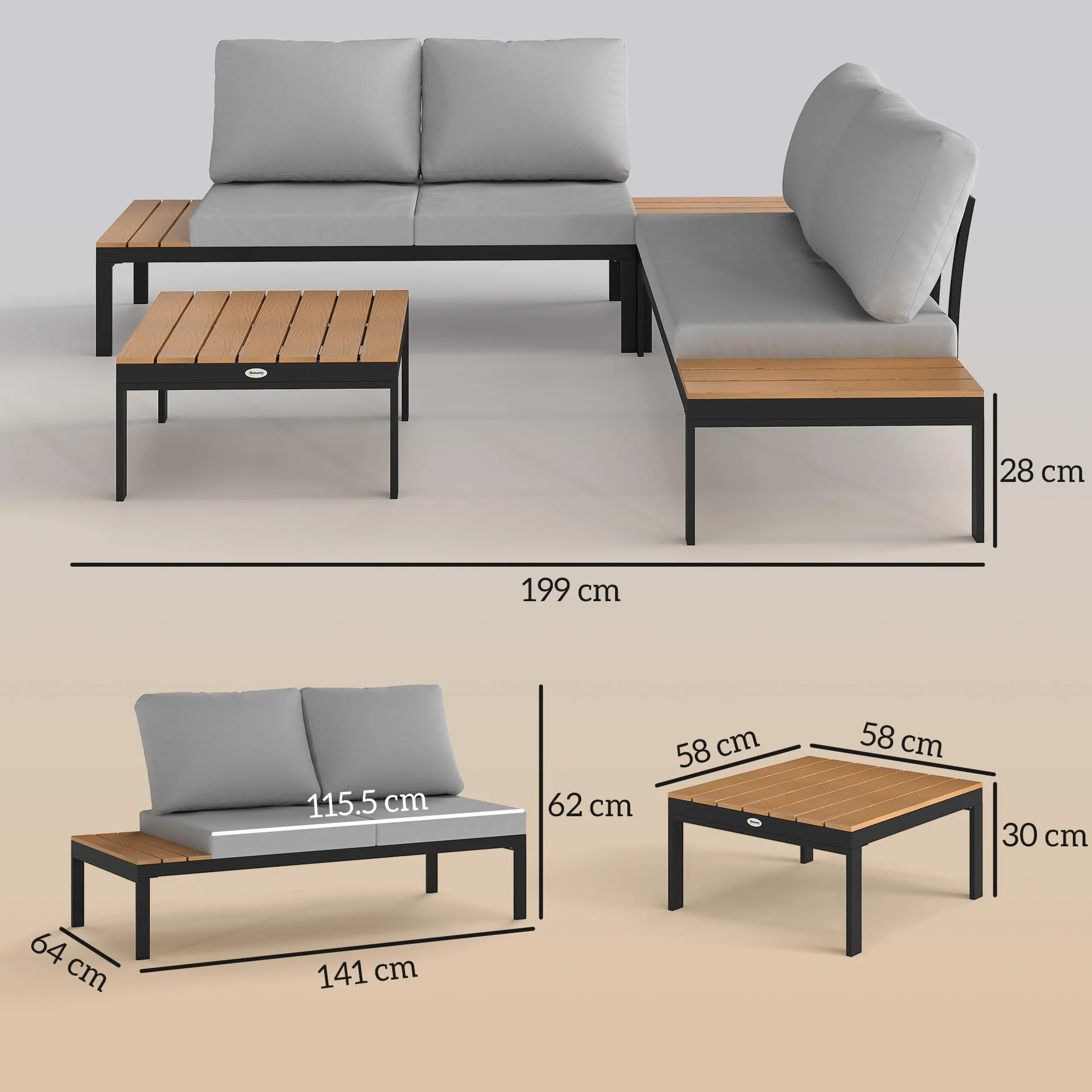 Outsunny Set Salotto da Giardino 4 Pezzi, 2 Divanetto 2 Posti, 2 Tavolini Caffè Quadrati, Legno e Cuscini Sfoderabili, Metallo e Legno Composito, Teak