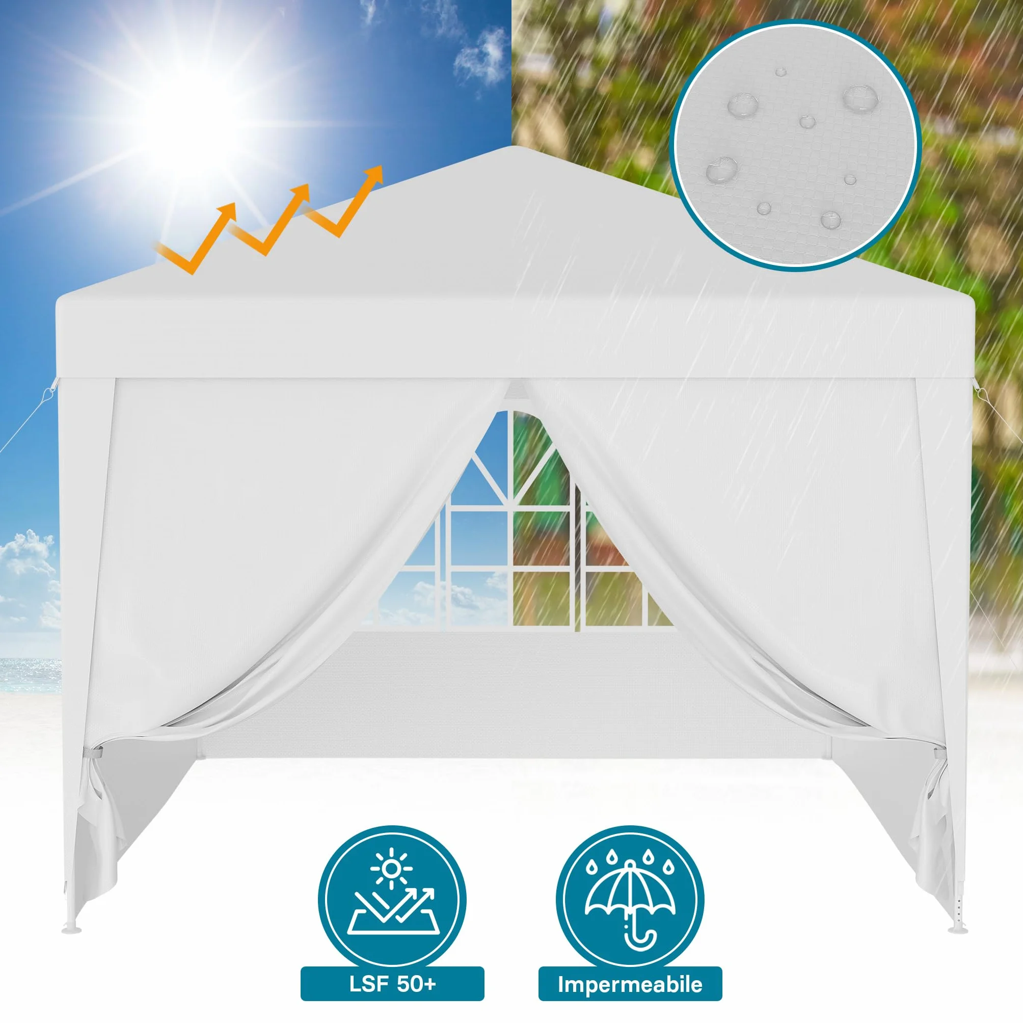 Wiltec Gazebo 3x3 m bianco protezione UV 50+ tendone da giardino lati rimovibili tenda da festa finestre