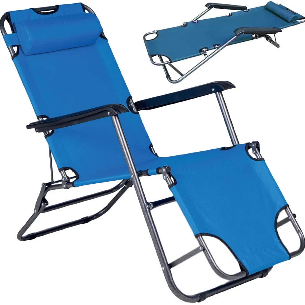 BAKAJI Sedia Sdraio Reclinabile in Lettino Prendisole Esterno Giardino Poltrona Relax Pieghevole in Metallo e Tessuto Oxford Traspirante con Poggiatesta Imbottito Terrazzo Piscina Spiaggia (Blue)
