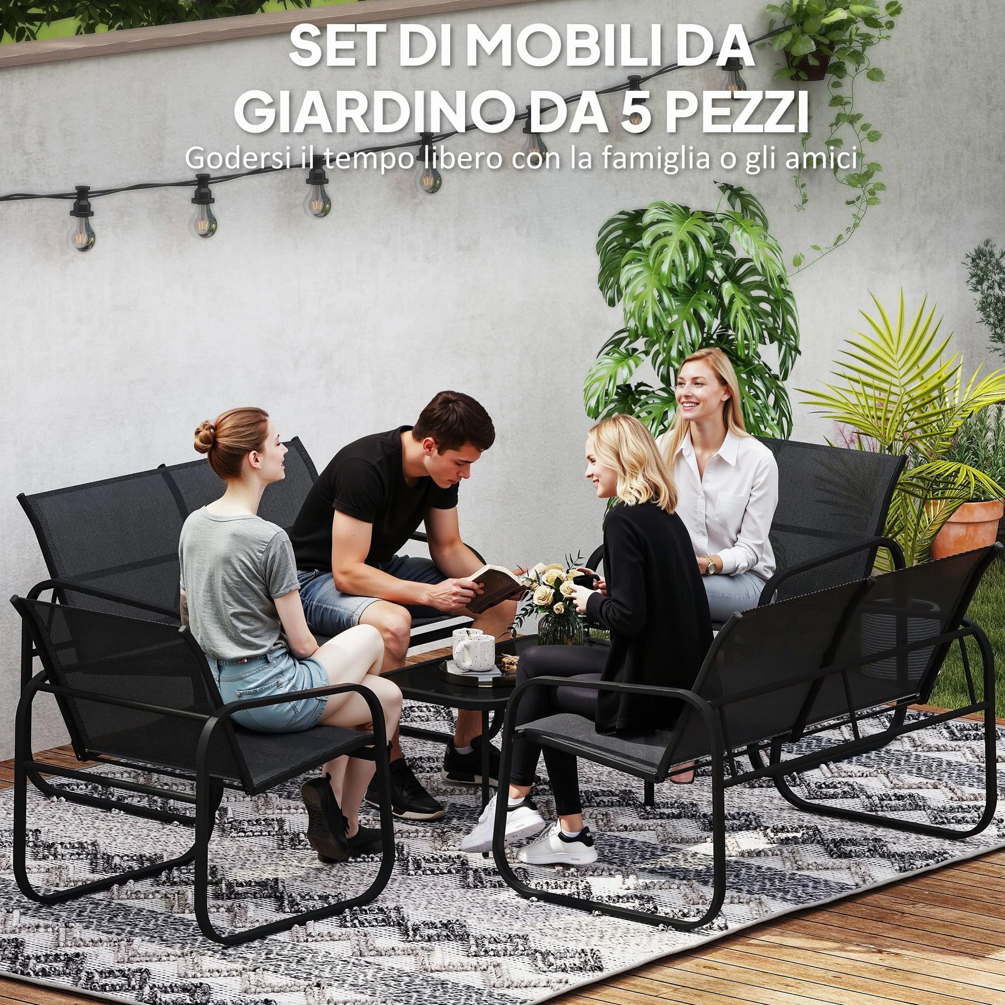 Outsunny 5-częściowy zestaw salonowy ogrodowy z 2 sofami, 2 fotelami i stolikiem kawowym, stal, Textilene, czarny