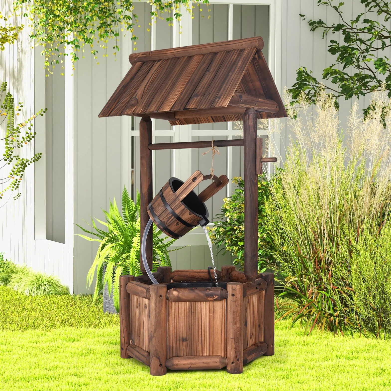 SOARS Fontana da giardino con tetto per esterni, fontana in legno con pompa elettrica e secchio in legno, fontana decorativa per cortile e prato, 59 x 56 x 115 cm