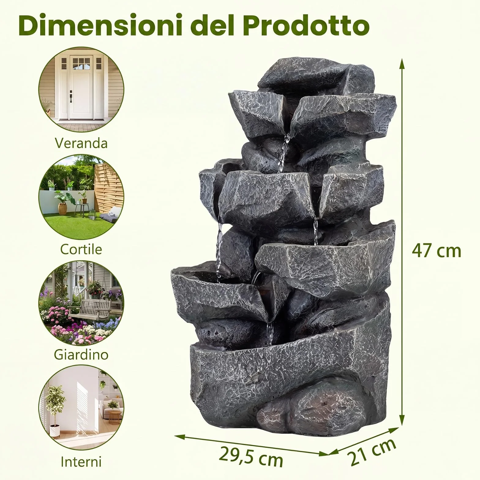 COSTWAY Fontana da Giardino a 5 Livelli, Fontana Cascata da Esterno con Luci e Flusso d'Acqua Regolabile, Fontanella Elettrica a Forma di Roccia con Effetto di Pietra da Terrazza e Balcone