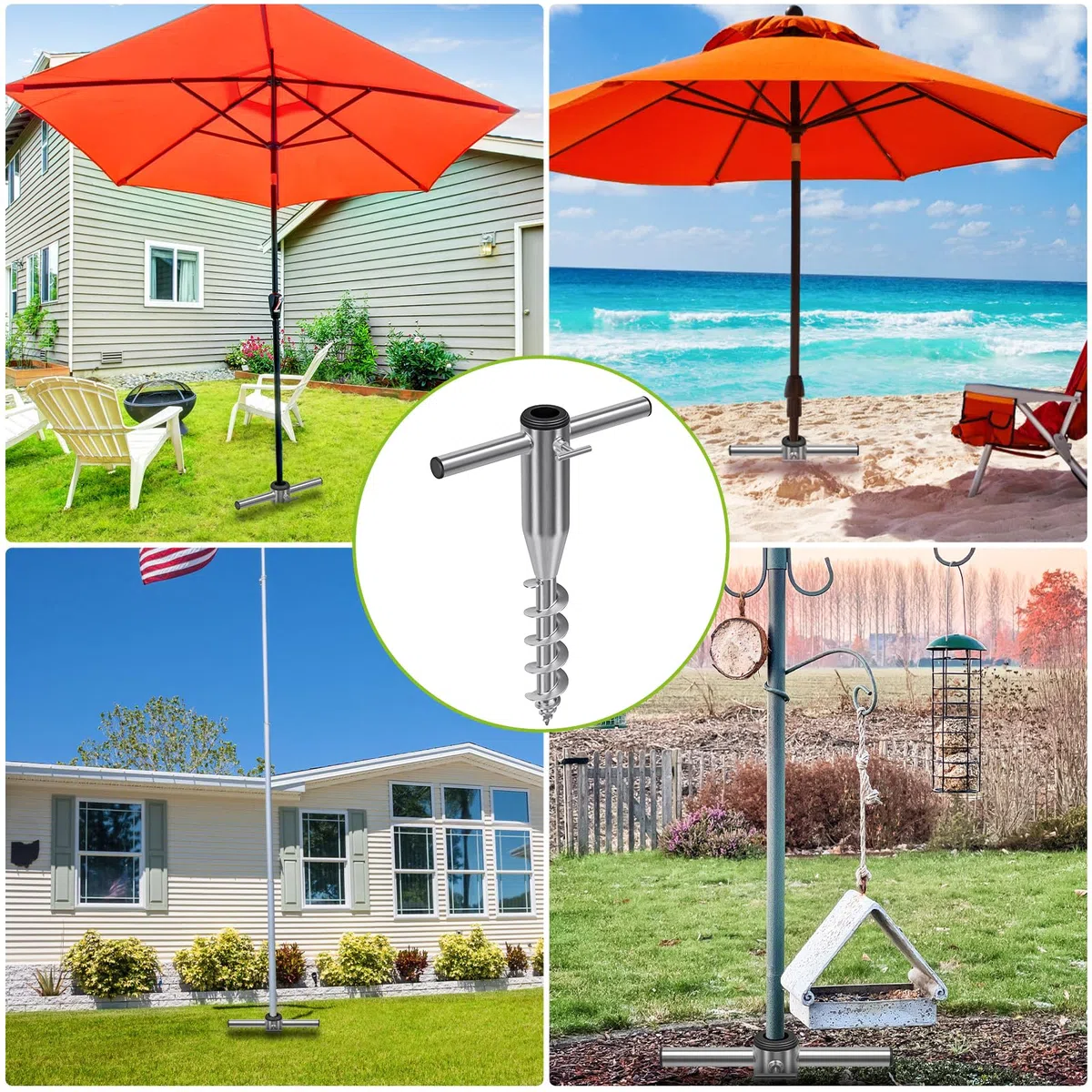 Ancora per ombrellone da Spiaggia, Resistente Ancoraggio a Vite per Sabbia ed Erba, Base Antivento Integrata Portatile con Design a 3 Maniche, Supporto Completamente saldato per Pali da