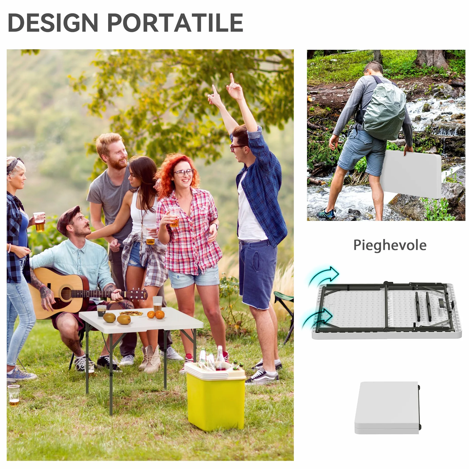 Outsunny Tavolo da Campeggio Pieghevole 86x86x74 cm Bianco HDPE e Metallo 2 Altezze Regolabili