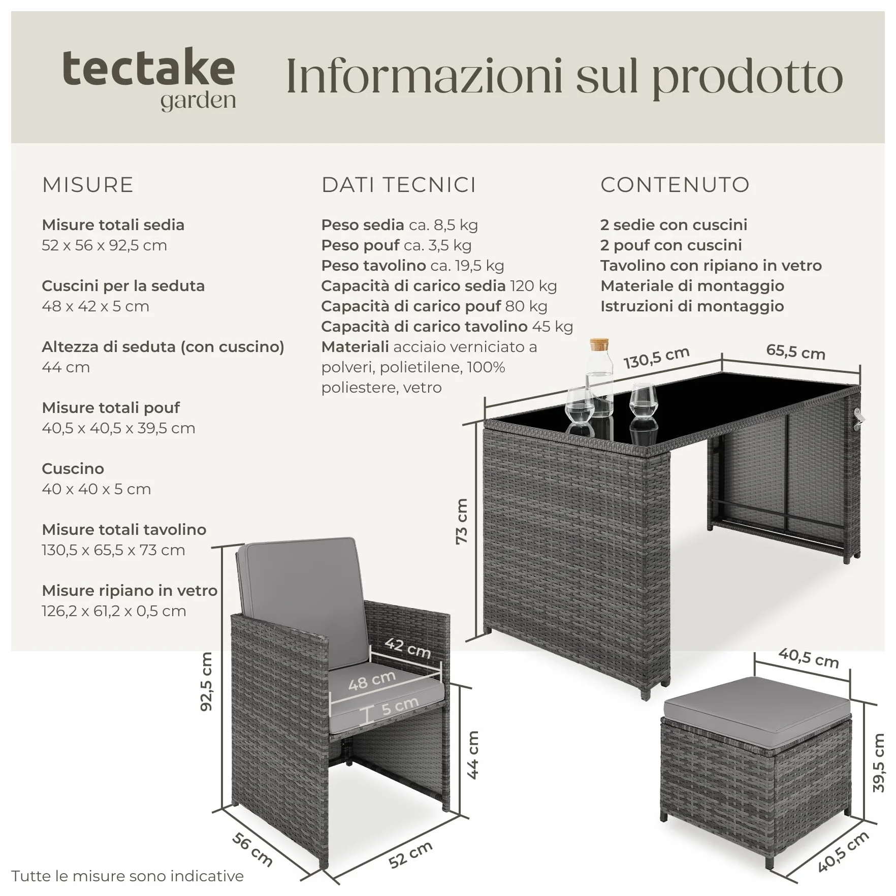 Tectake Salottino Rattan Palermo Set Sedie Cuscini Tavolino Vetro Grigio