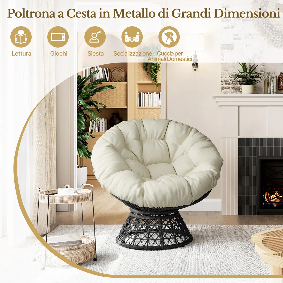 Yaheetech Poltrona da Giardino Girevole 360° Rattan Sedia Dondolo Rotonda Papasan Cuscino Diametro 120 cm Nero/Beige