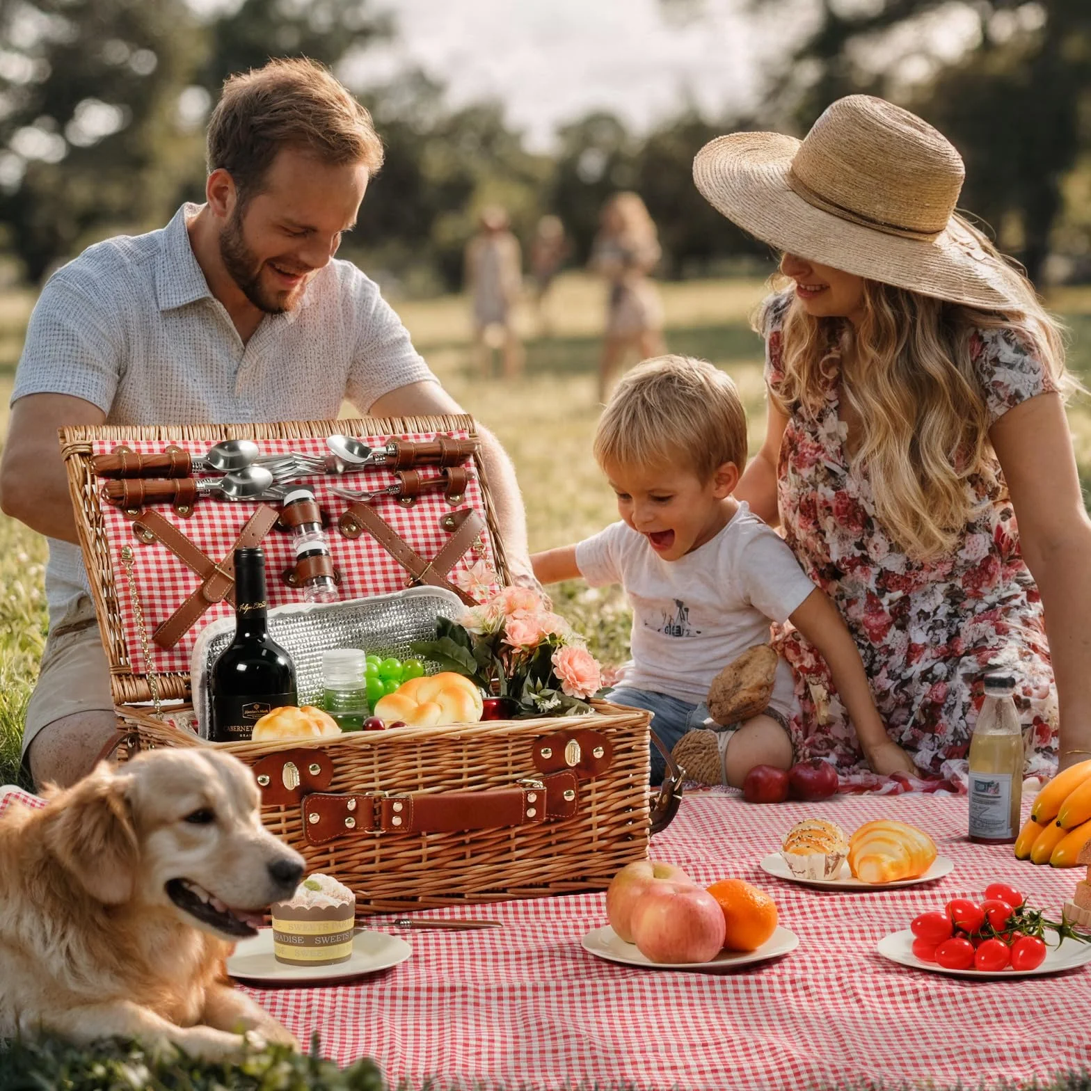 Set di cestini da picnic per 4 persone con scomparto refrigerante e coperta impermeabile