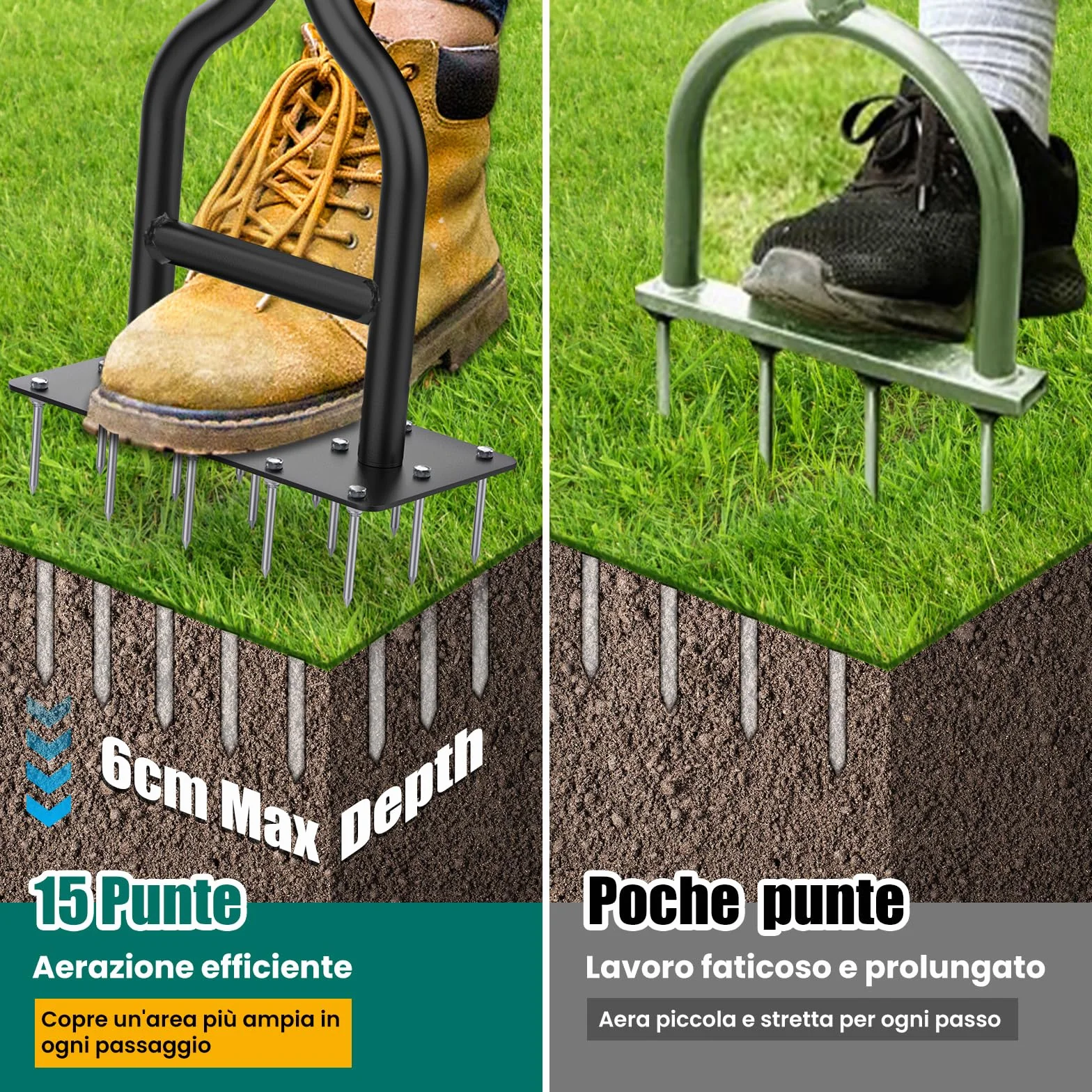 HYCHIKA Arieggiatore per Prato Manuale, 15 Pezzi di Punte in Acciaio Massiccio, Scarificatore per Prato, Aeratore per Prato Giardino