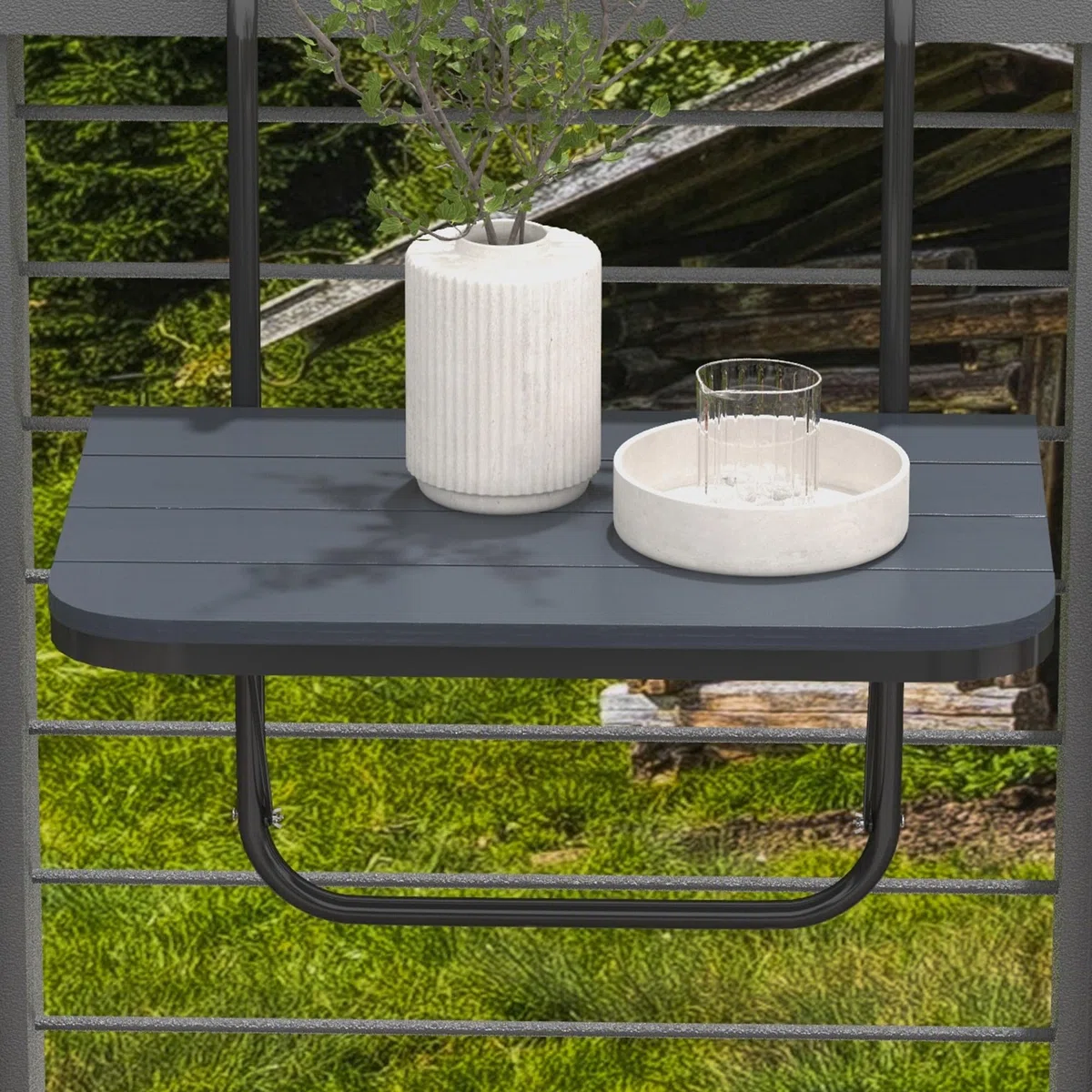 Outsunny Tavolino da Balcone Pieghevole Regolabile, Alluminio Composito Plastico Effetto Legno, Nero