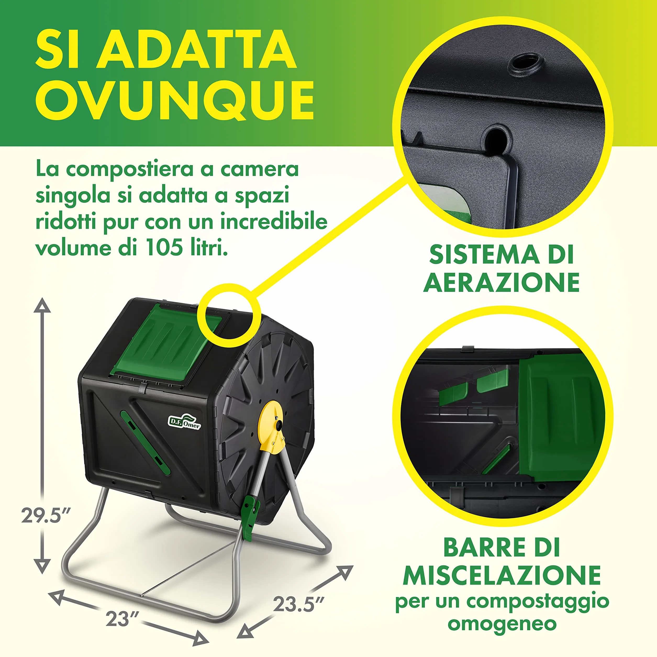 DF OMER, Contenitore Compostaggio Giardino a Camera Singola, Grande Volume, Design Compatto, Capacità 105 l, Compostiera Girevole Robusta per Tutte le Stagioni