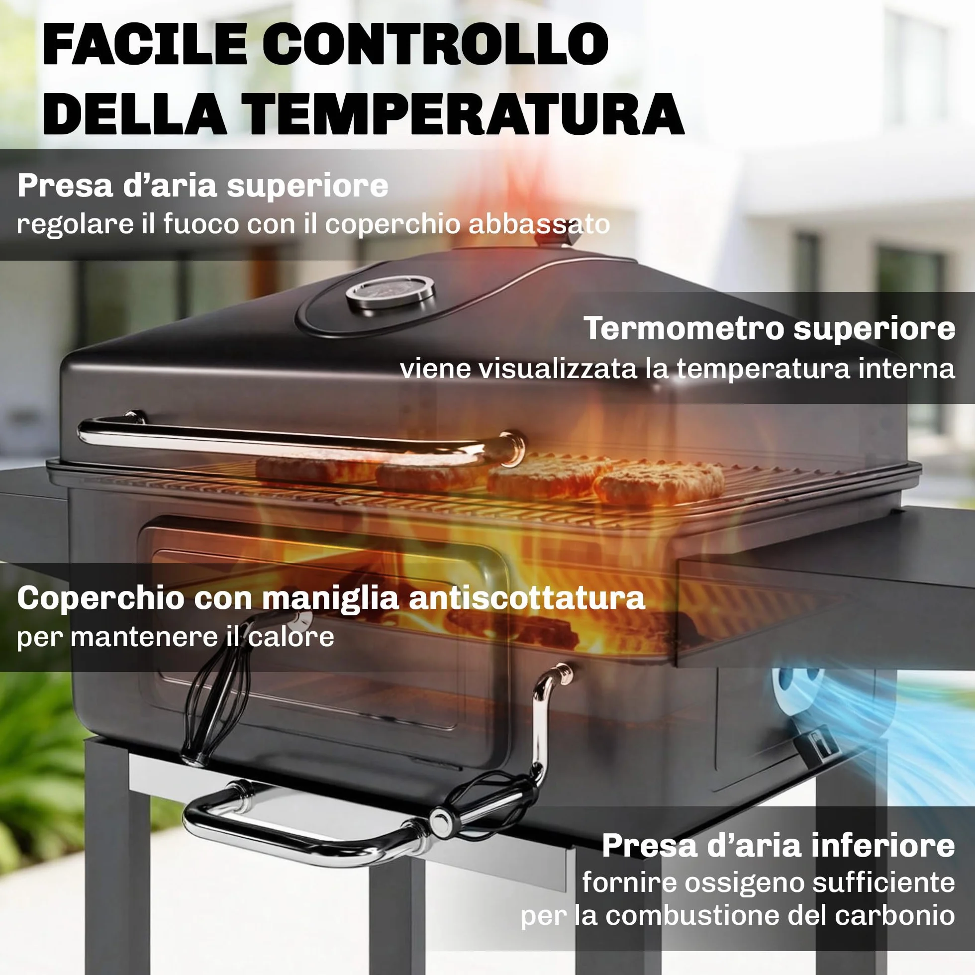 Outsunny Barbecue Carbonella Carrello BBQ Portatile con Griglia e Coperchio, Nero