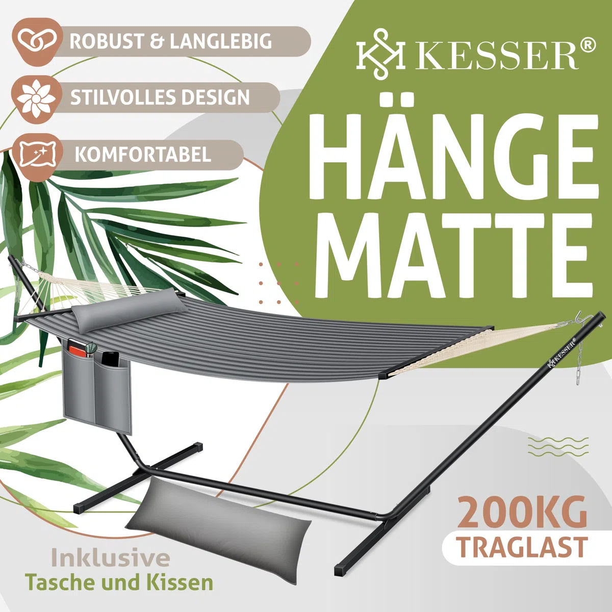 KESSER® Amaca con telaio e cuscino, Amaca doppia per 2 Persone, Portata 200 kg, Interno ed esterno, XXL, Sedia sospesa, Giardino, Piscina, Balcone, Terrazza - Grigio