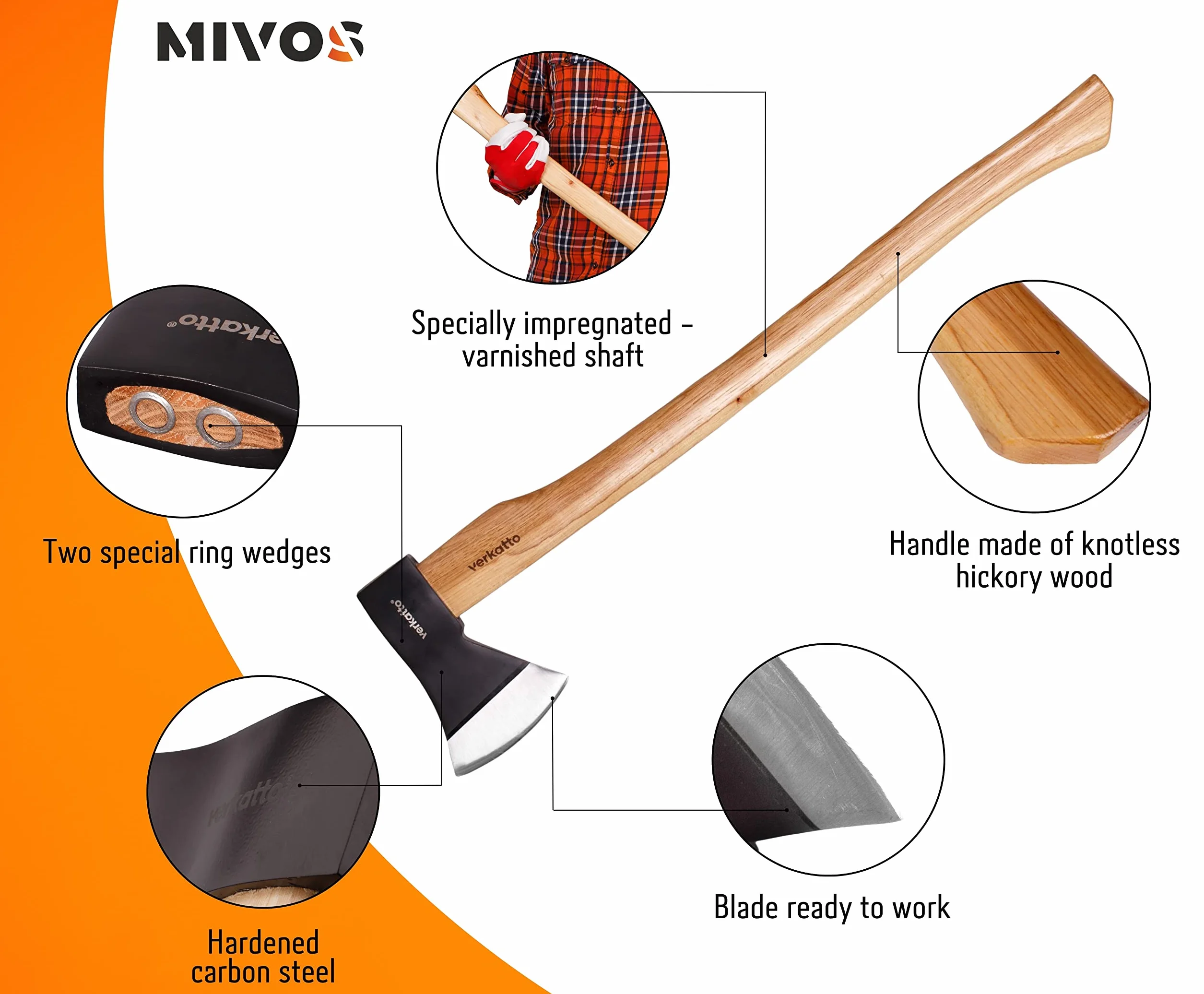 Mivos Ascia Lunga 1600 g 93 cm Spaccalegna Acciaio Manico Legno Hickory Accetta da Spacco Universale