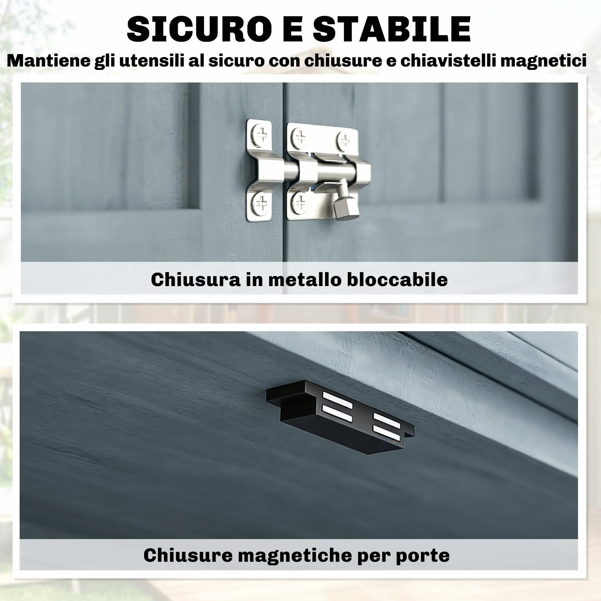 Outsunny Armadio da Giardino in Legno di Abete con Kit Antiribaltamento, Casetta Porta Attrezzi da Esterno con 2 Ante Bloccabili, 2 Ripiani, 10 Ganci, Tetto Inclinato Asfalto, 85x54x170 cm, Grigio